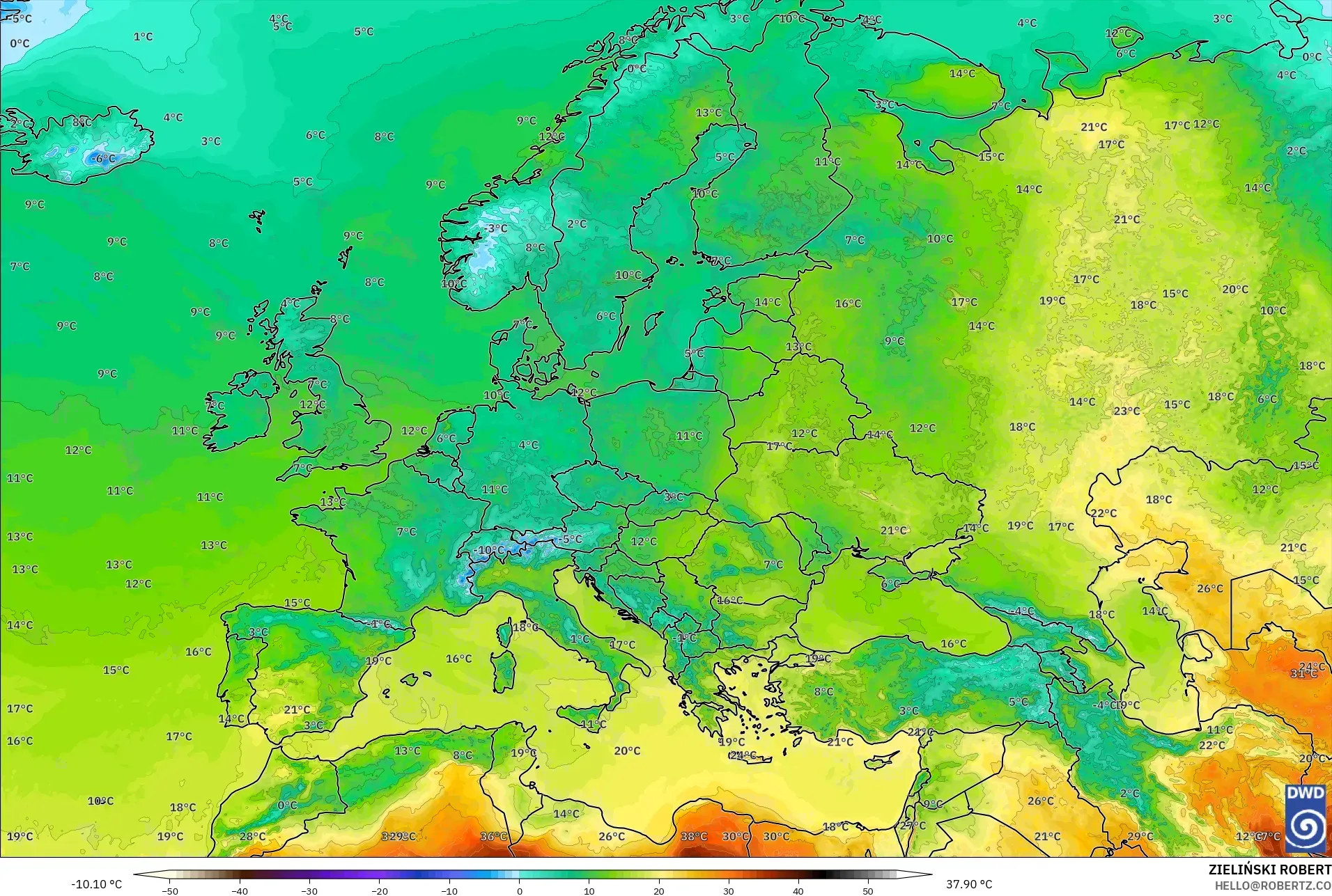 ICON modelo - Europa, Temperatura a 2 m
