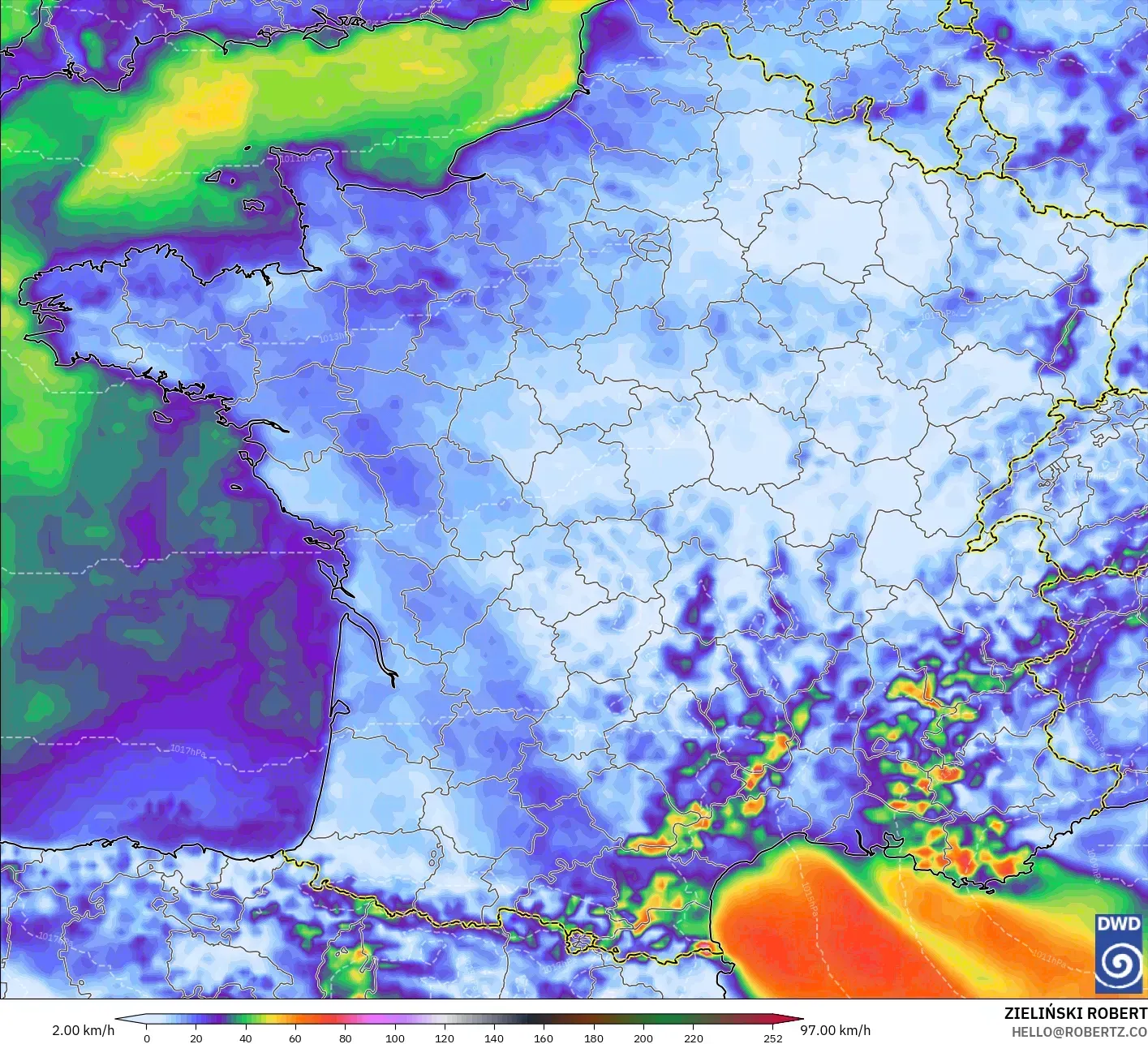 ICON modelo - Francia, Ráfagas de Viento Máximas