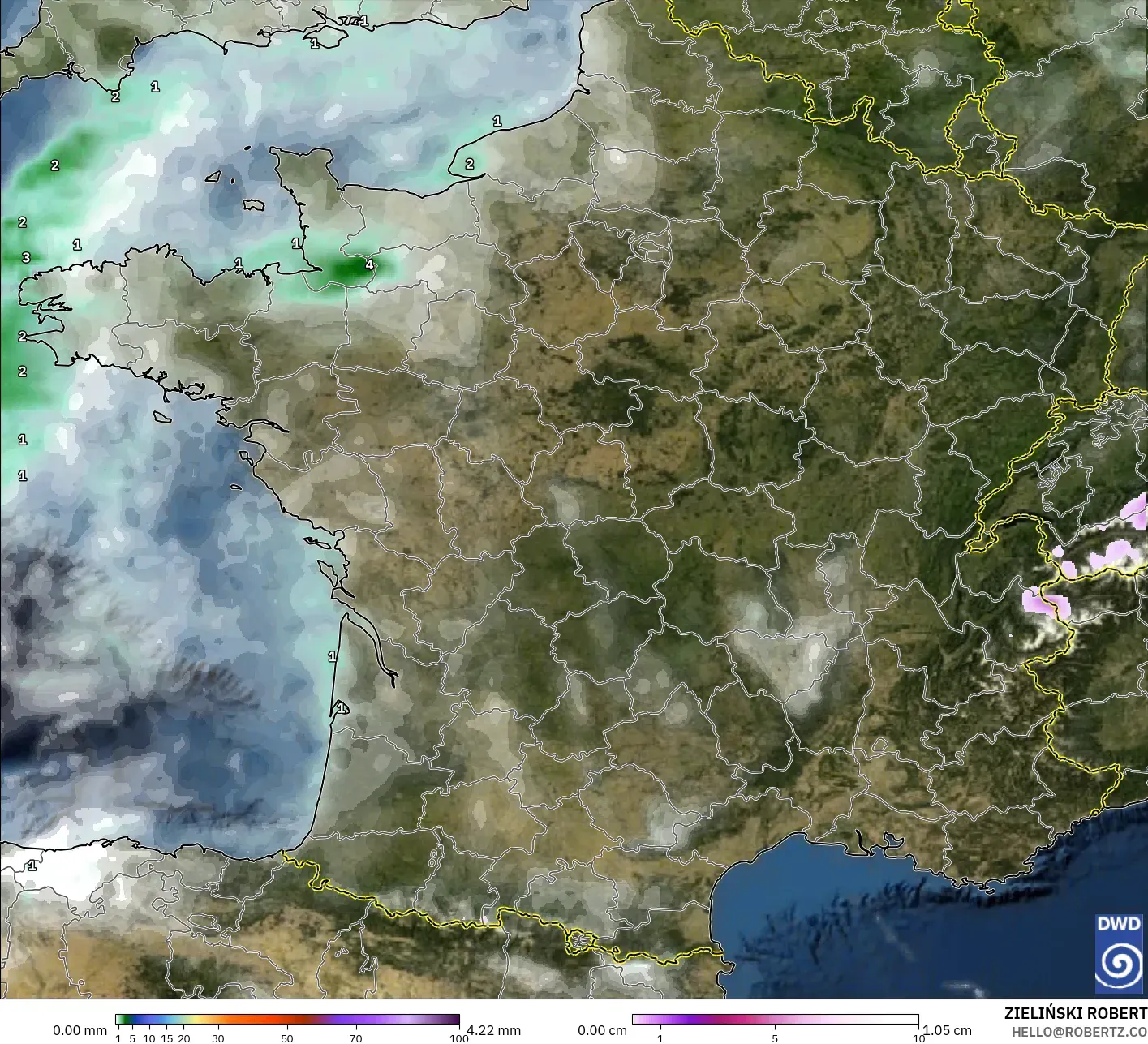 ICON modelo - Francia, Precipitación, nubes y presión