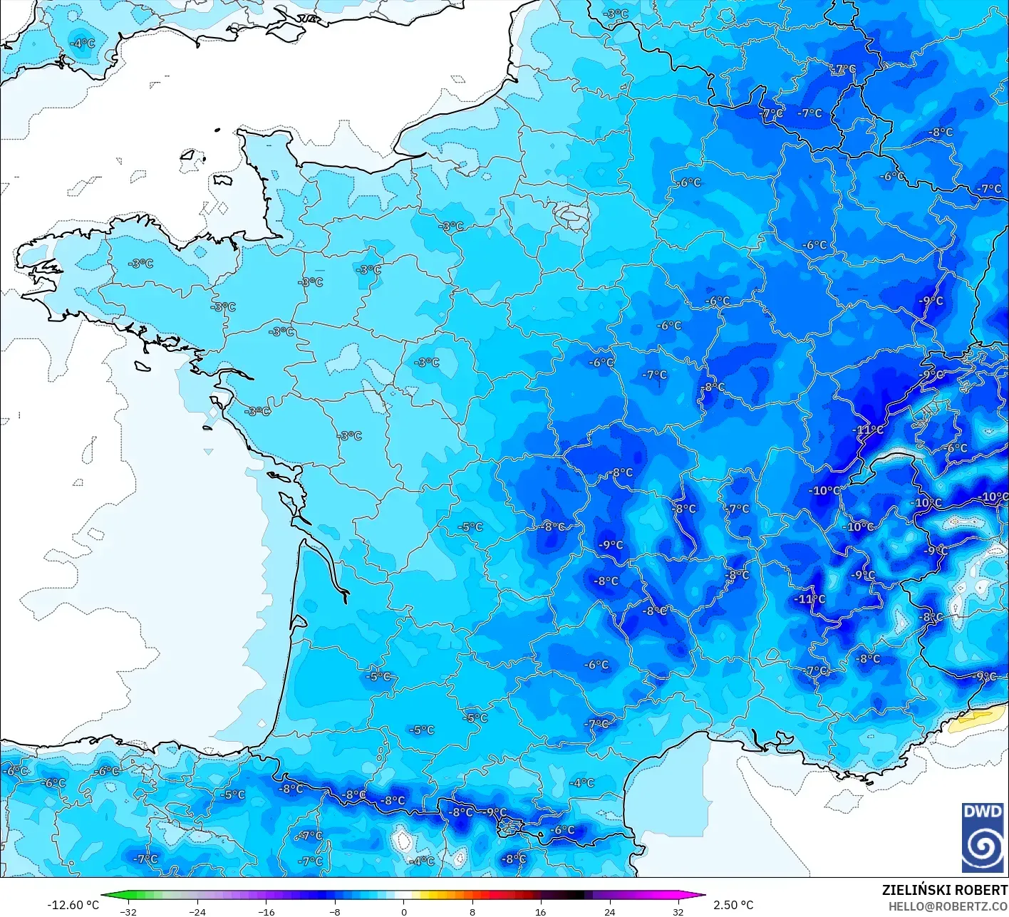 ICON modelo - Francia, Anomalía de temperatura a 2 m
