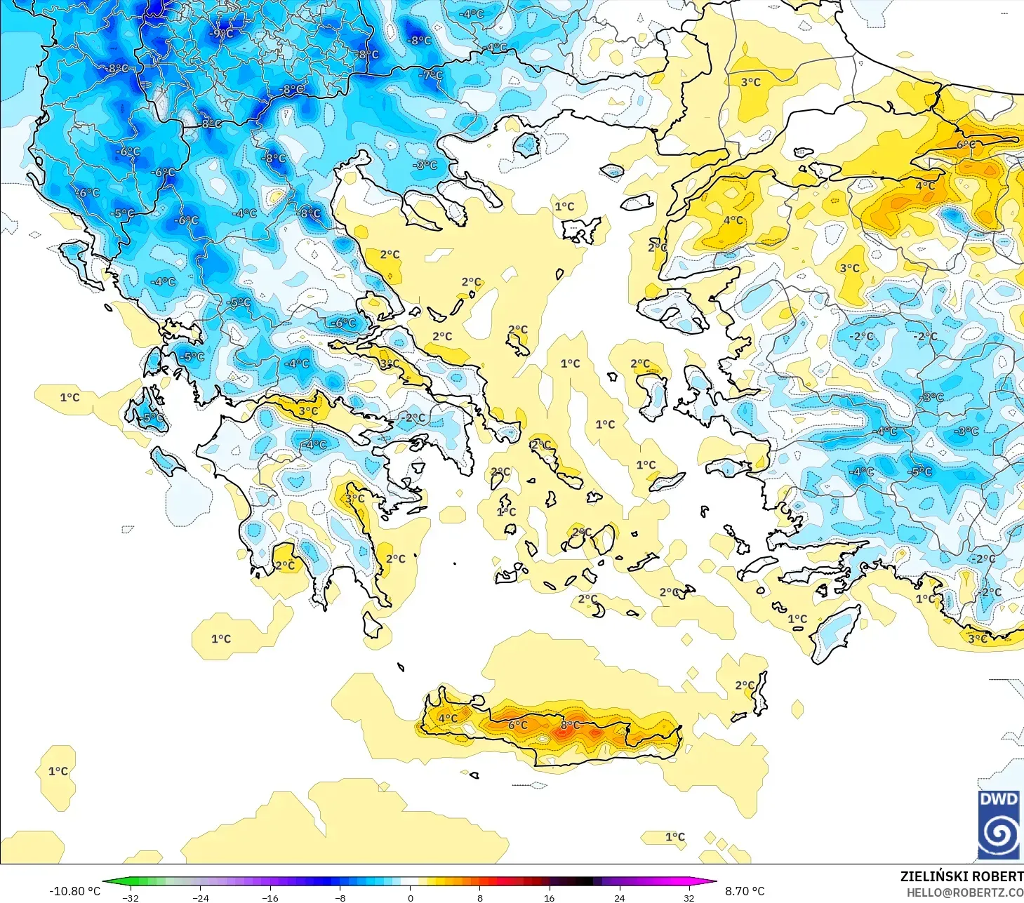 ICON modelo - Grecia, Anomalía de temperatura a 2 m