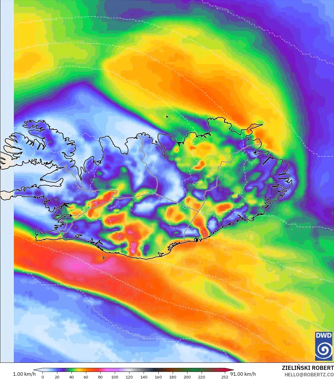 ICON modelo - Islandia, Ráfagas de Viento Máximas