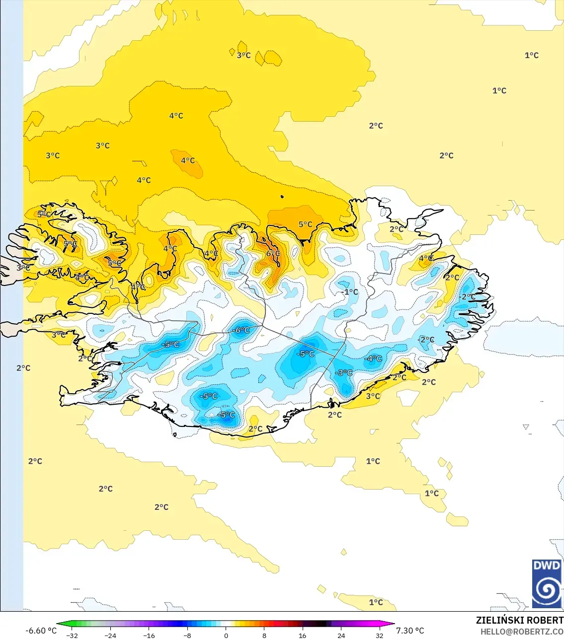 ICON modelo - Islandia, Anomalía de temperatura a 2 m