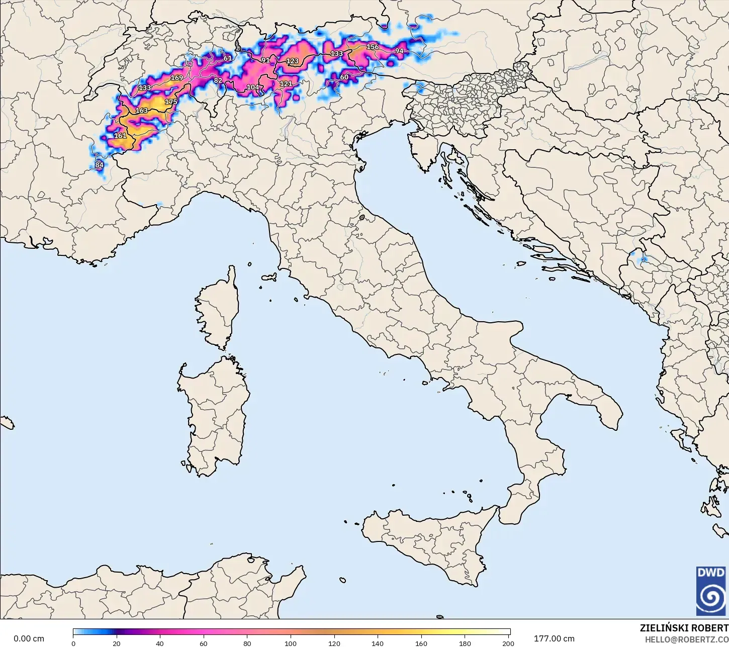 ICON modelo - Italia, Profundidad de nieve