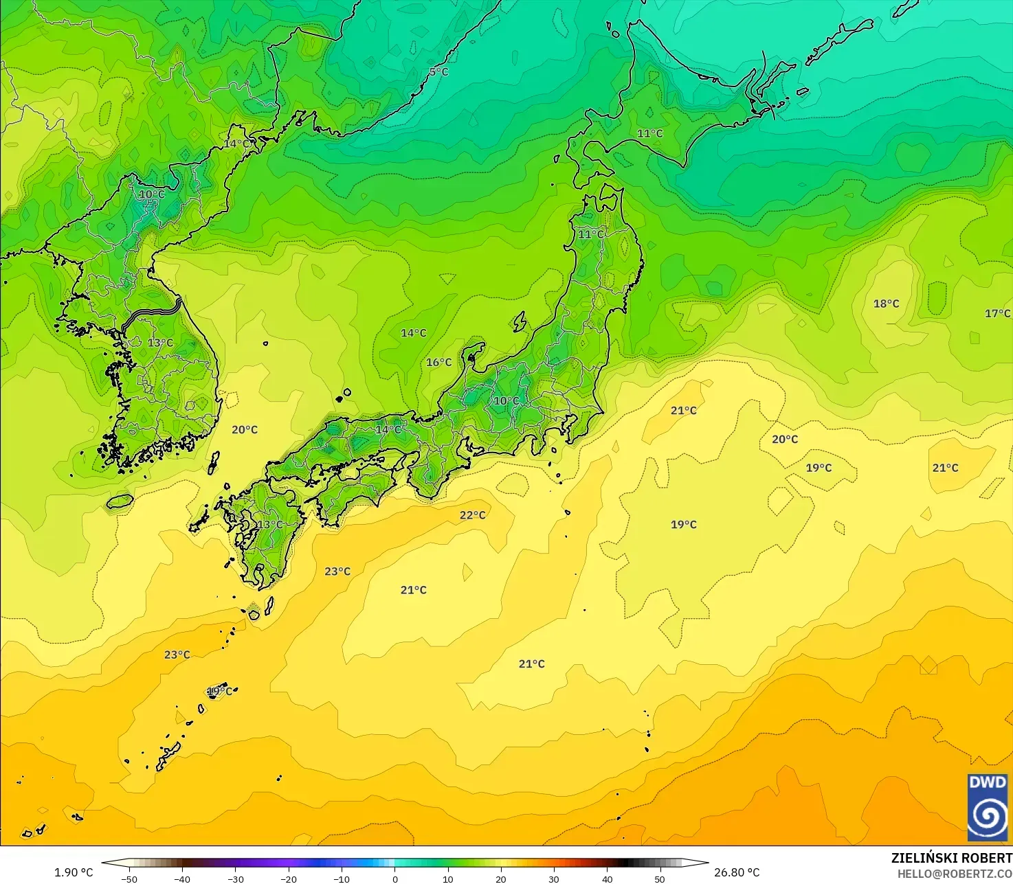 ICON modelo - Japón, Temperatura a 2 m