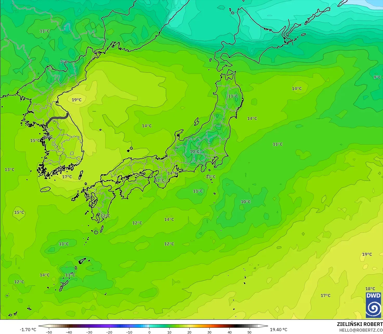 ICON modelo - Japón, Temperatura a 850 hPa