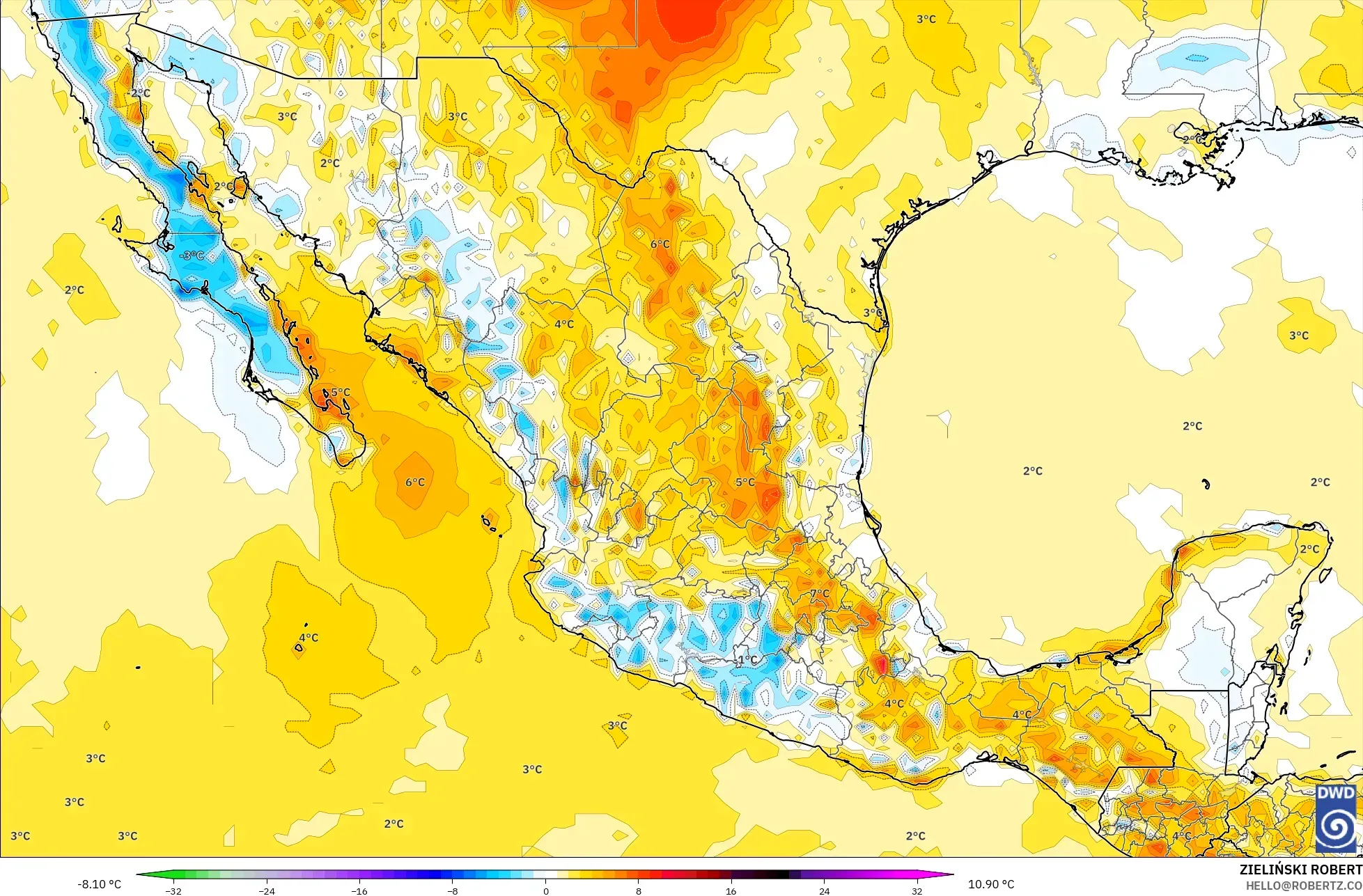 ICON modelo - México, Anomalía de temperatura a 2 m