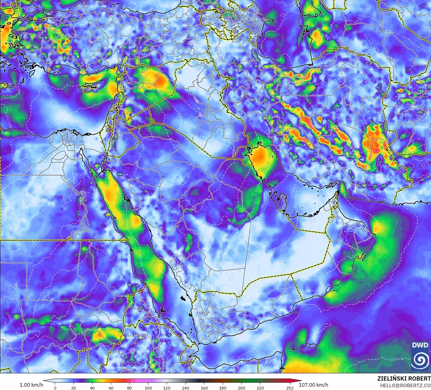 ICON modelo - Oriente Medio, Ráfagas de Viento Máximas