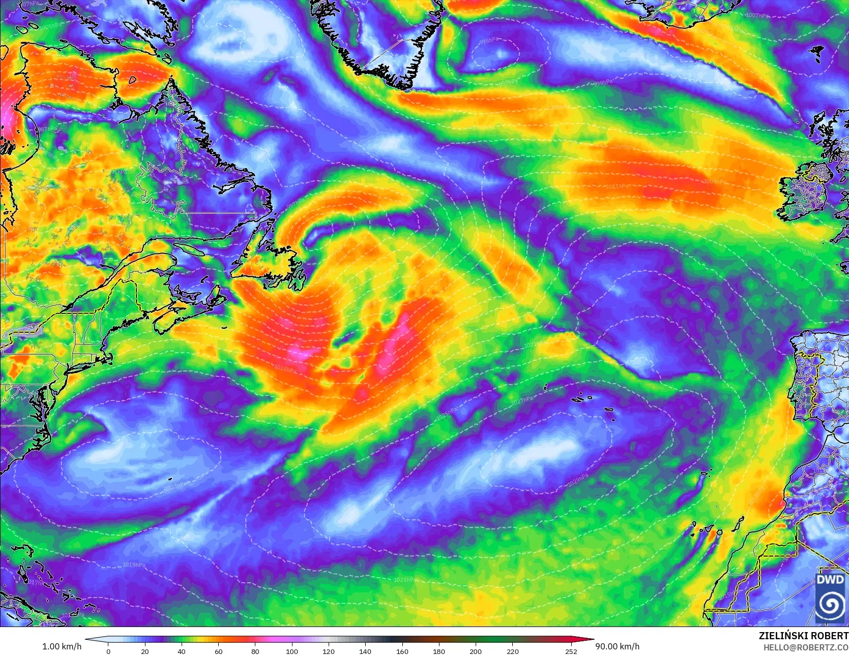 ICON modelo - Norte Atlántico, Ráfagas de Viento Máximas