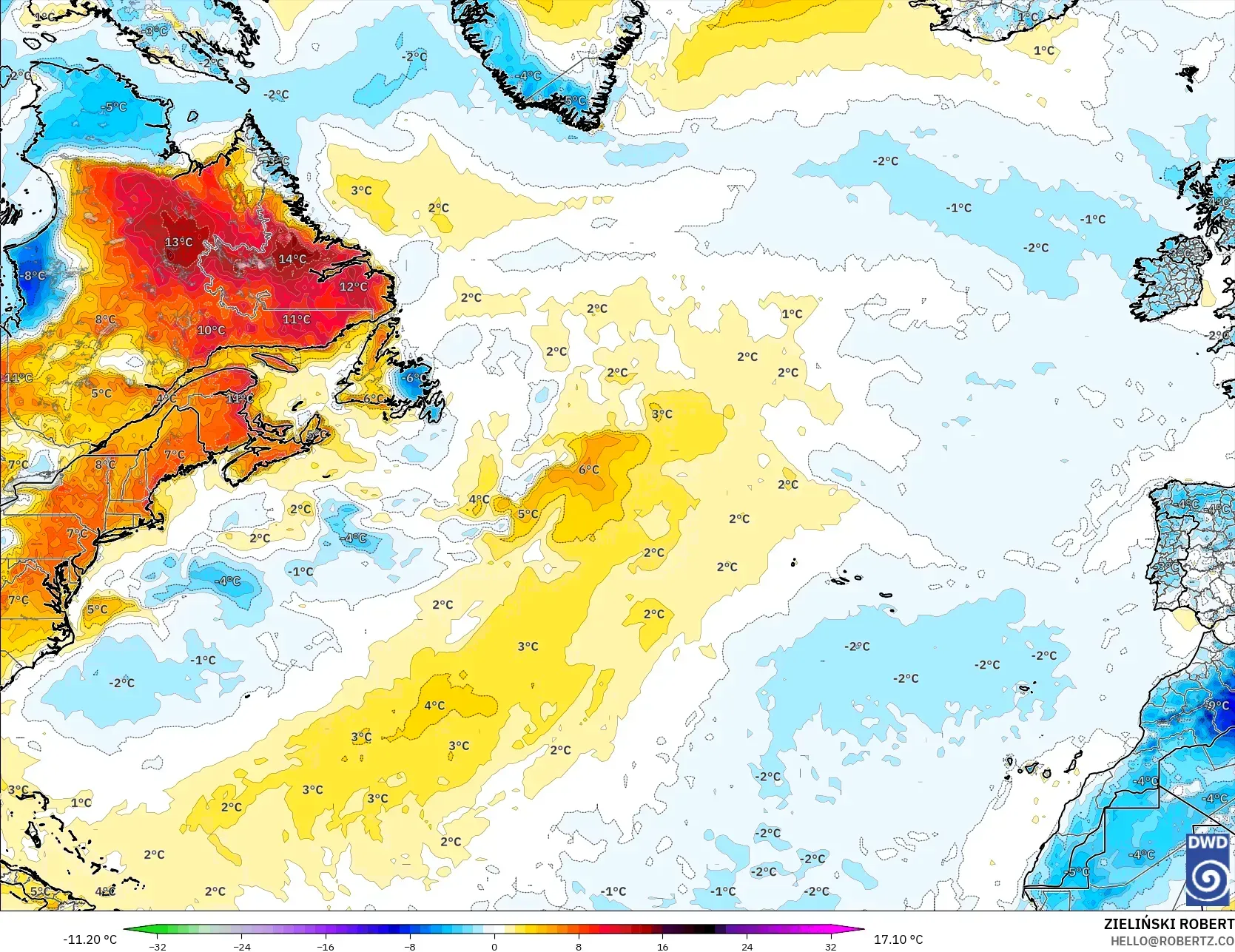 ICON modelo - Norte Atlántico, Anomalía de temperatura a 2 m