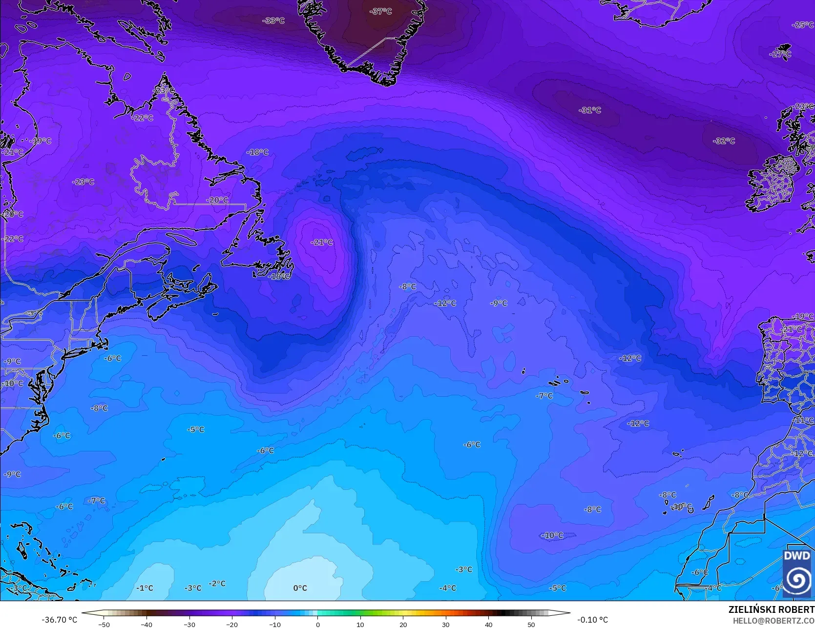 ICON modelo - Norte Atlántico, Temperatura a 500 hPa