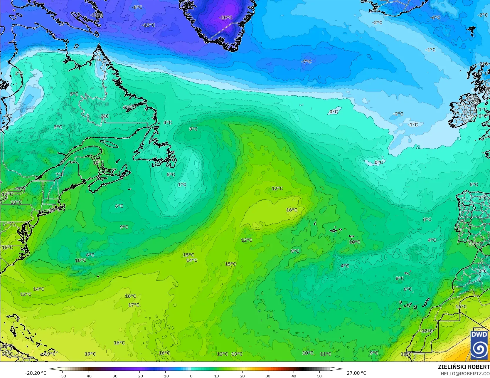ICON modelo - Norte Atlántico, Temperatura a 850 hPa