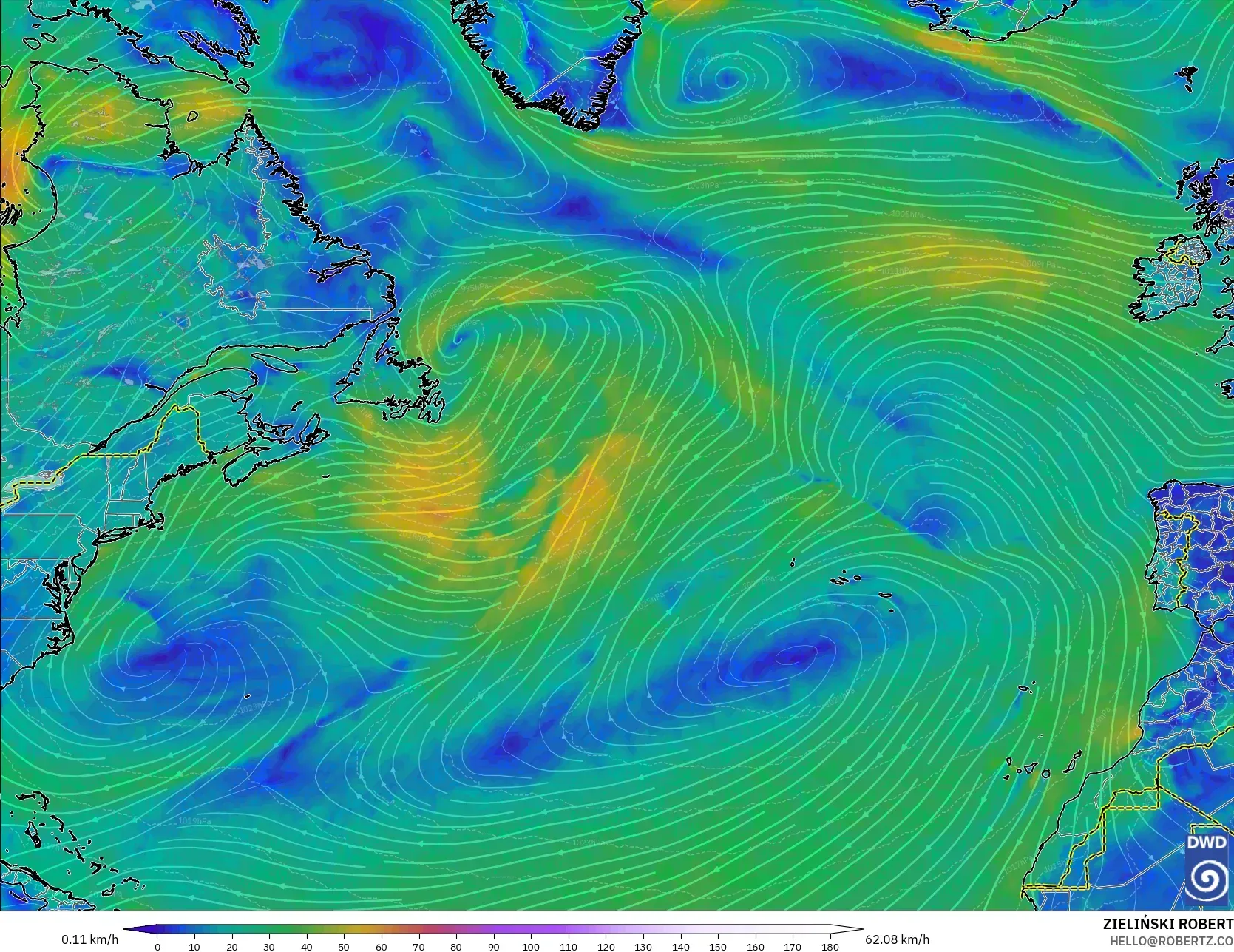 ICON modelo - Norte Atlántico, Viento a 10 m