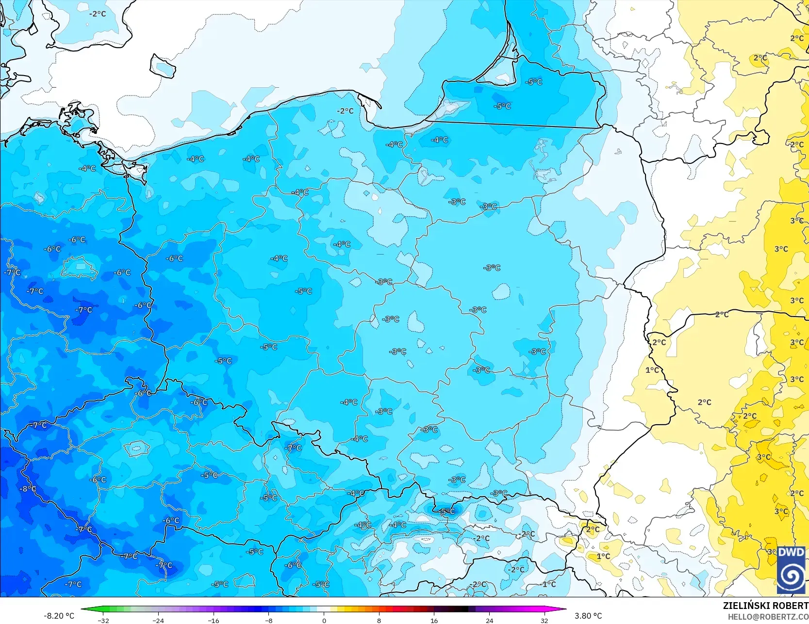 ICON modelo - Polonia, Anomalía de temperatura a 2 m
