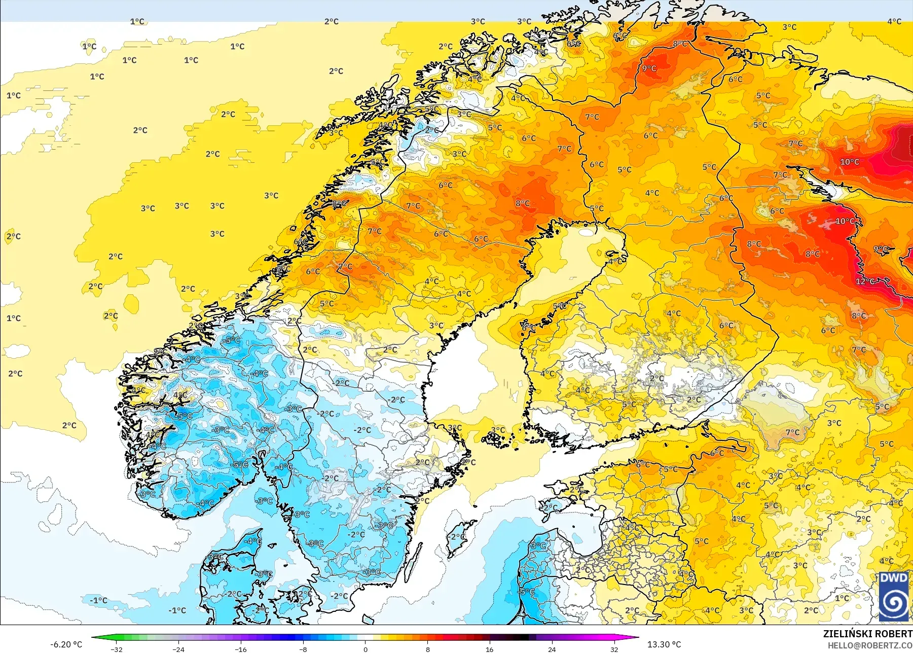 ICON modelo - Escandinavia, Anomalía de temperatura a 2 m