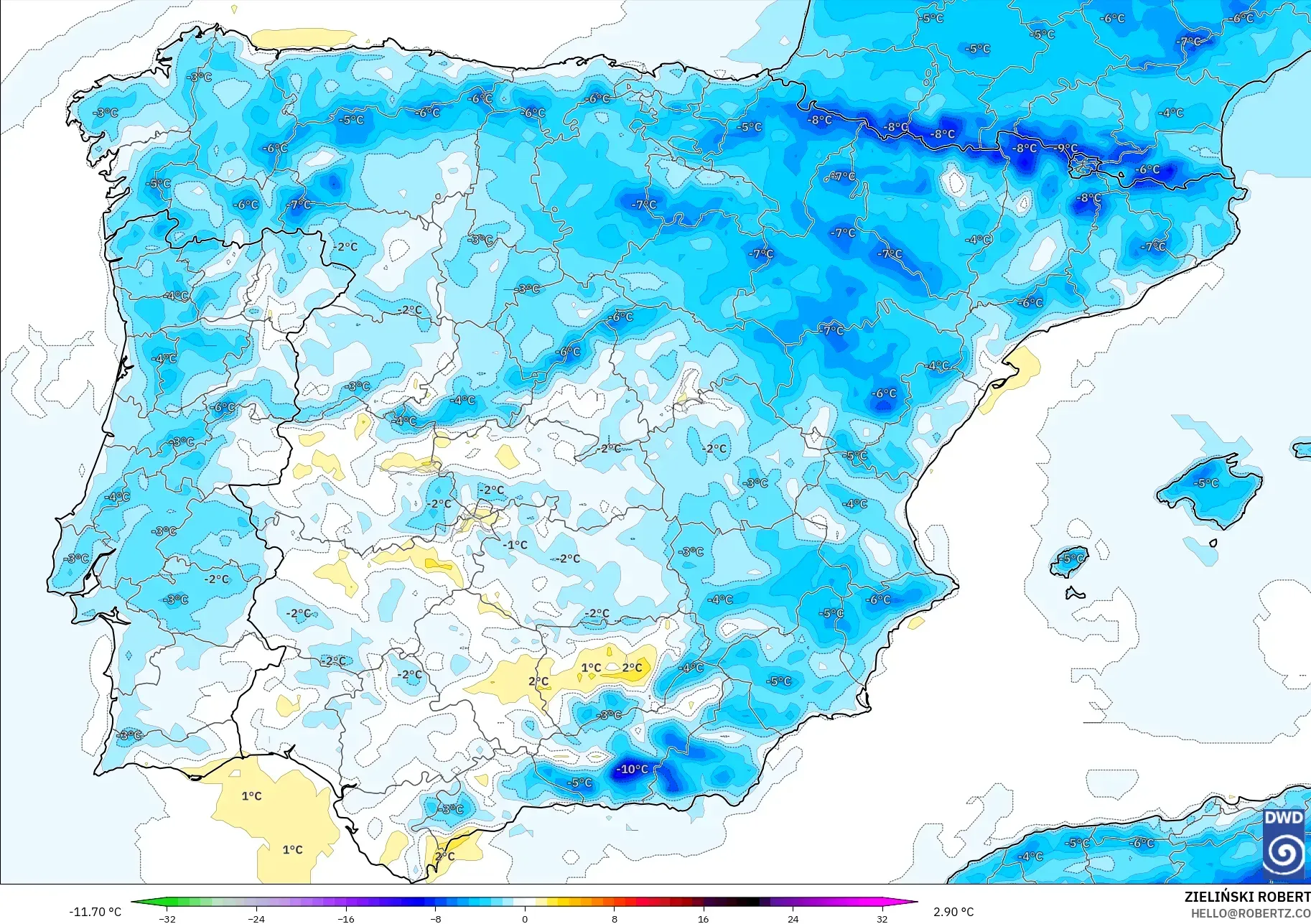 ICON modelo - España, Anomalía de temperatura a 2 m