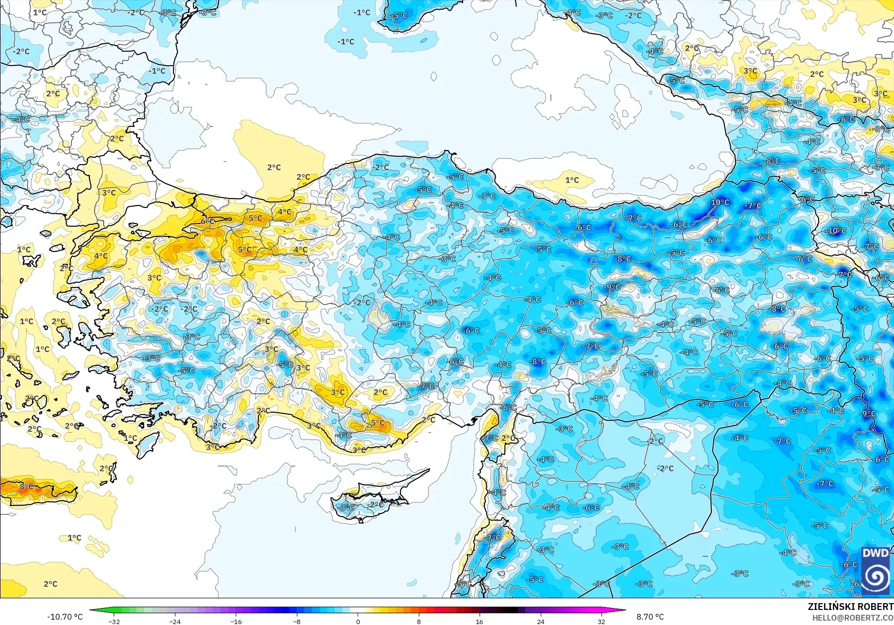 ICON modelo - Turquía, Anomalía de temperatura a 2 m