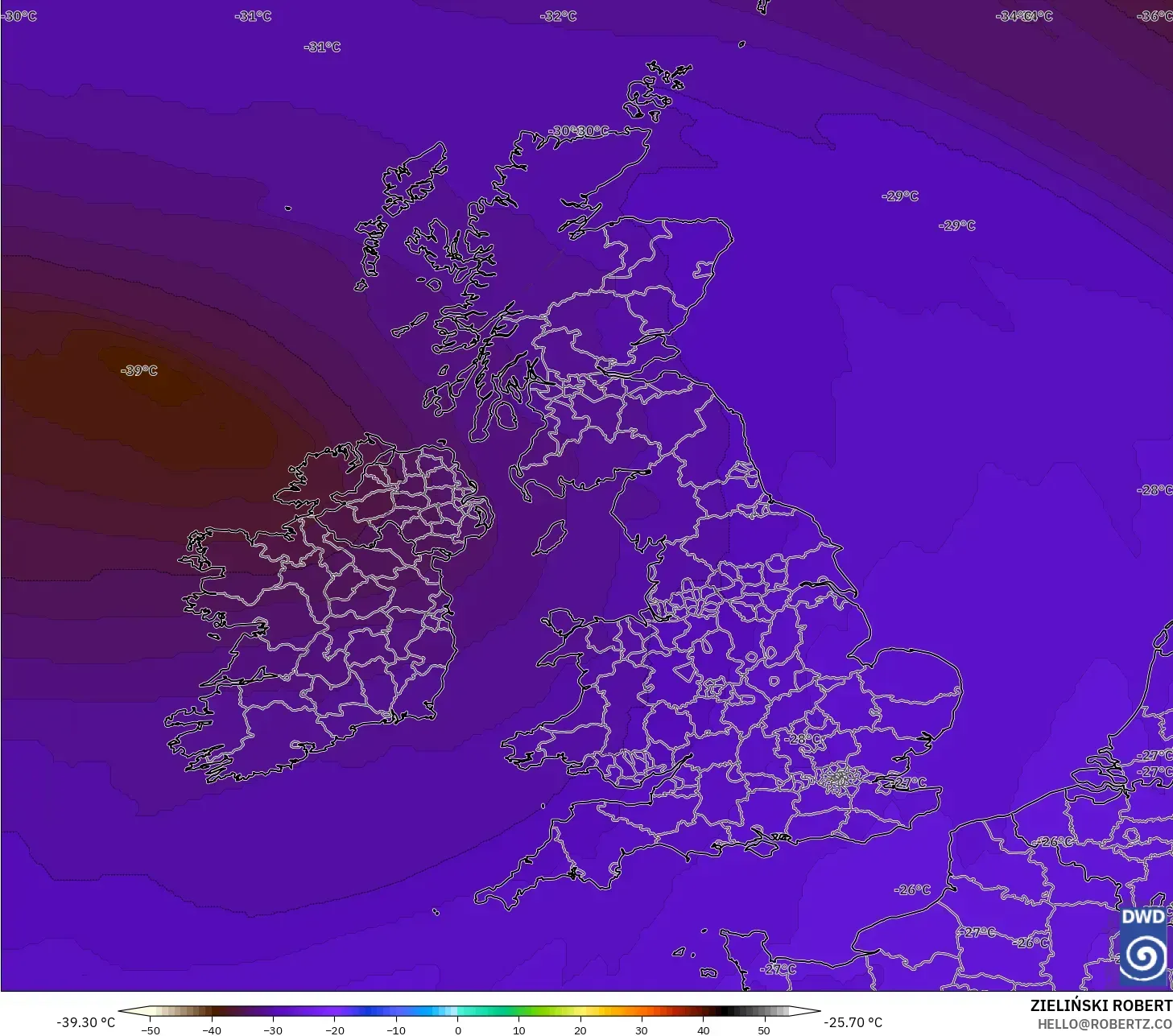 ICON modelo - Reino Unido, Temperatura a 500 hPa