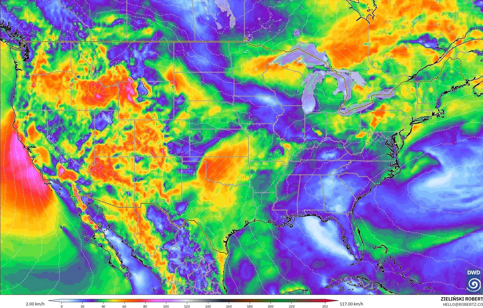 ICON modelo - Estados Unidos, Ráfagas de Viento Máximas