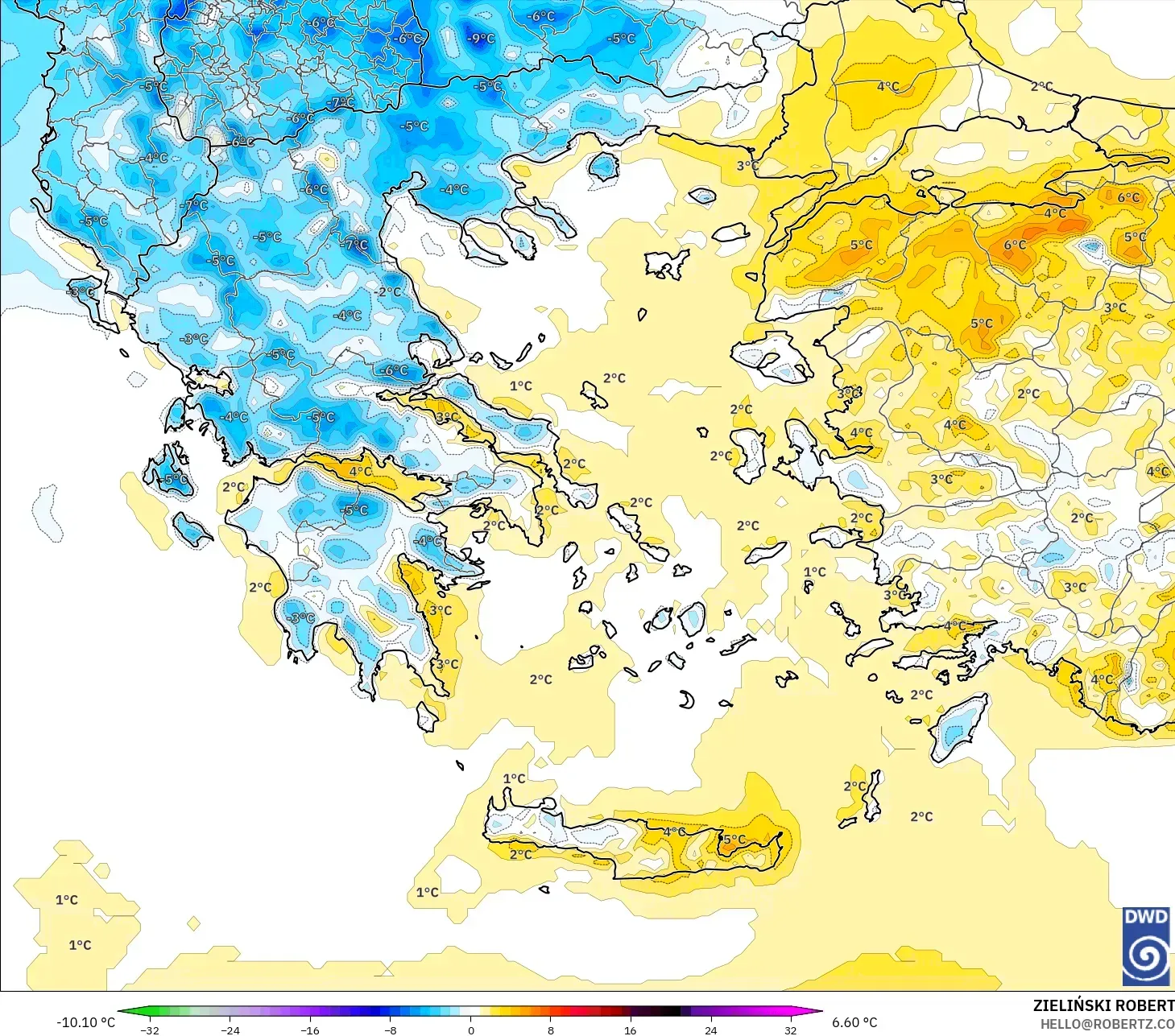 ICON modelo - Grecia, Anomalía de temperatura a 2 m