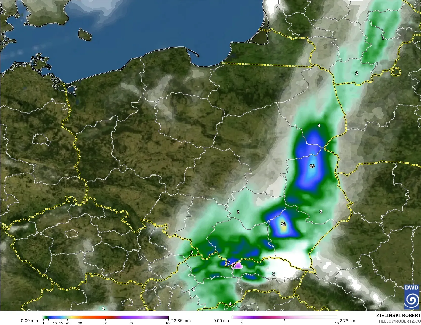 ICON modelo - Polonia, Precipitación, nubes y presión