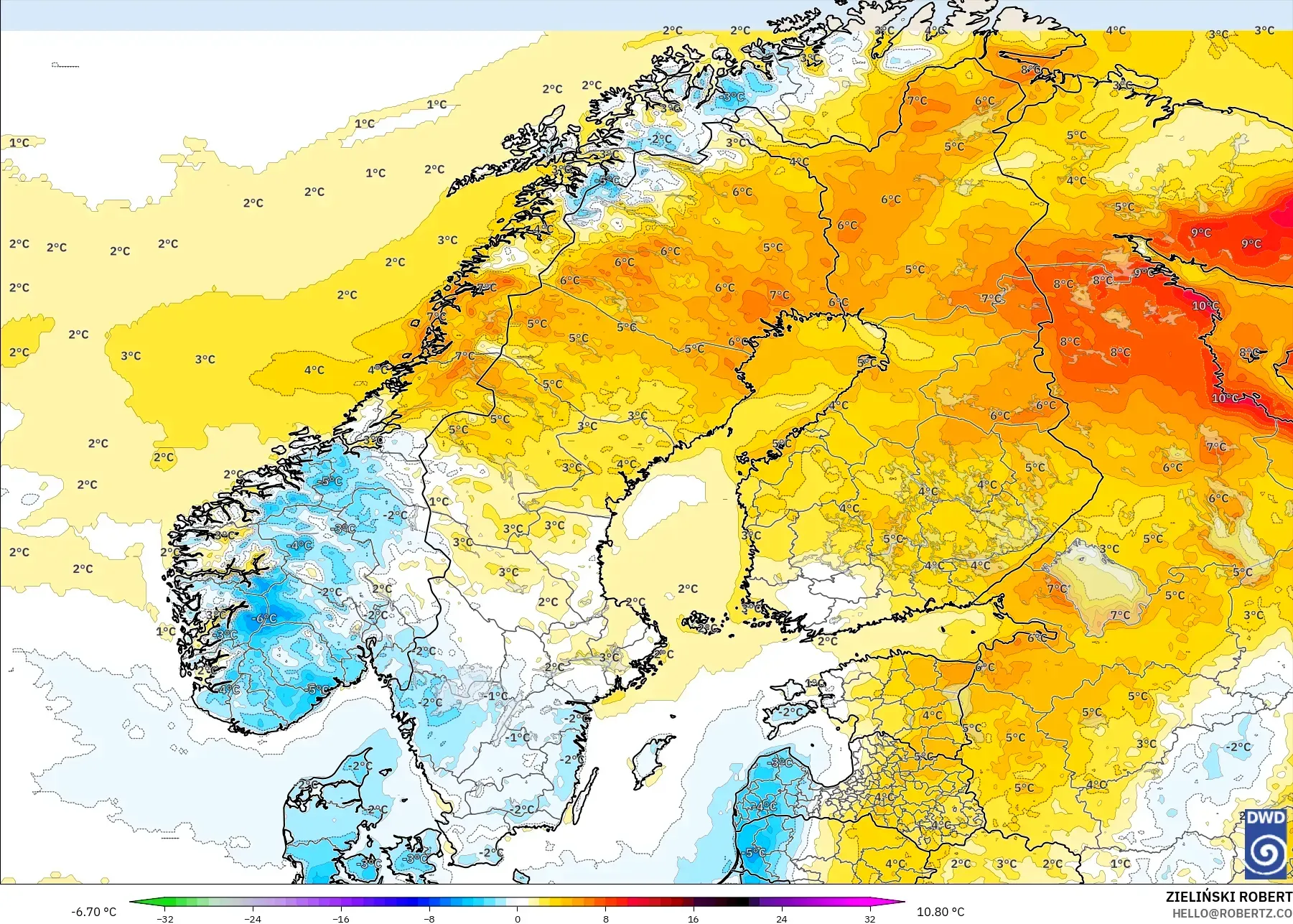 ICON modelo - Escandinavia, Anomalía de temperatura a 2 m