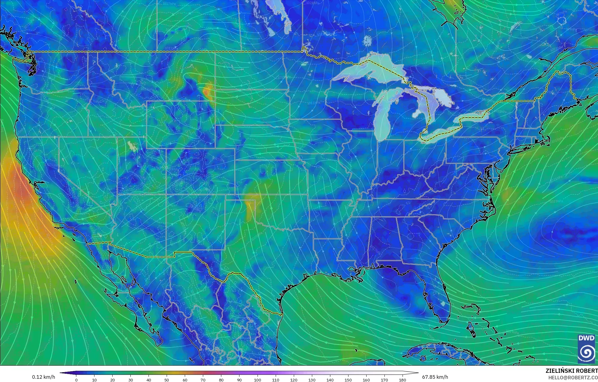 ICON modelo - Estados Unidos, Viento a 10 m