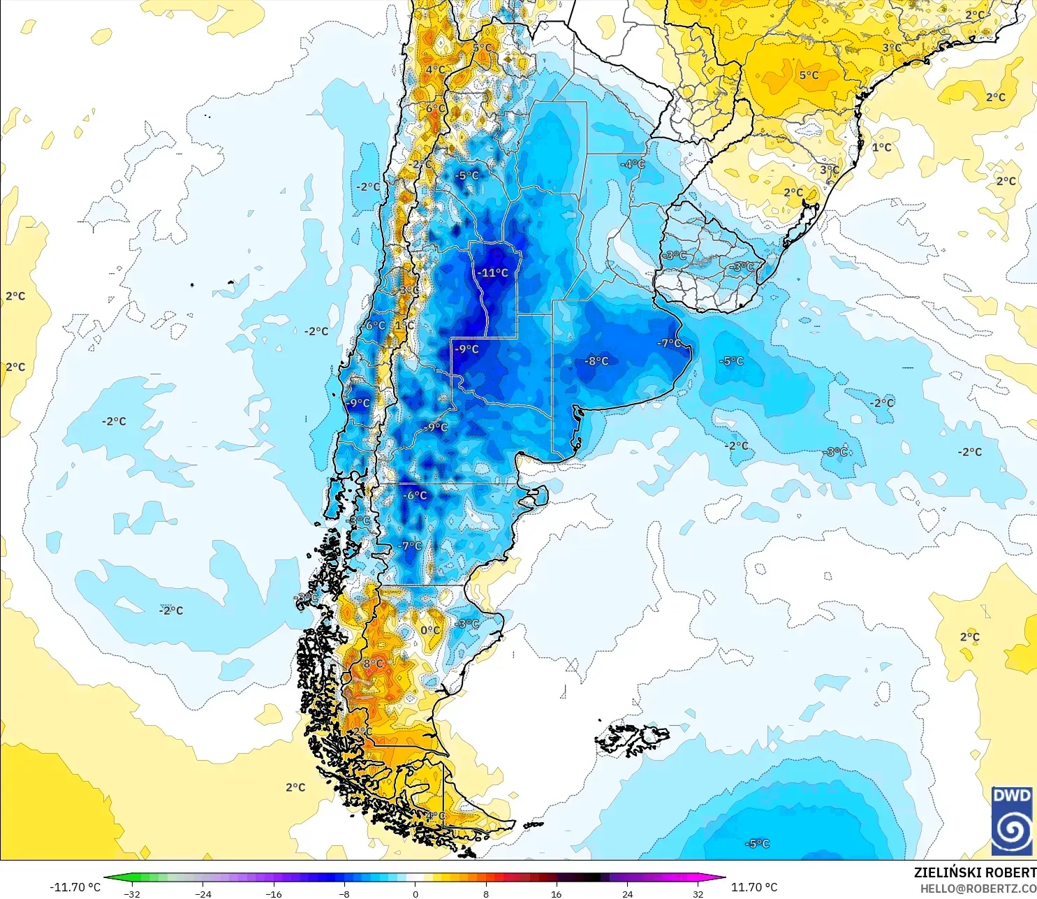 ICON modelo - Argentina, Anomalía de temperatura a 2 m