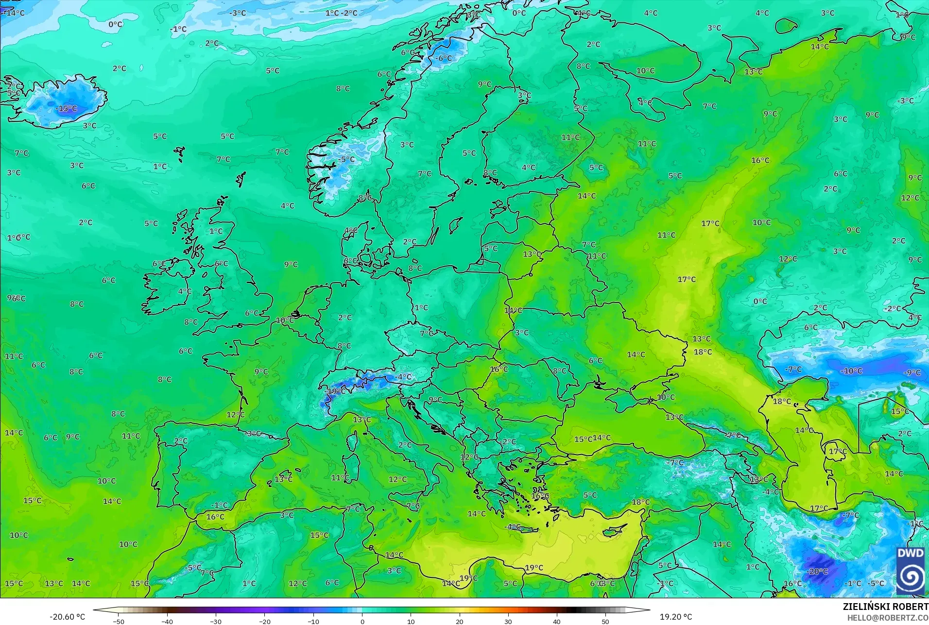 ICON modelo - Europa, Punto de rocío a 2 m