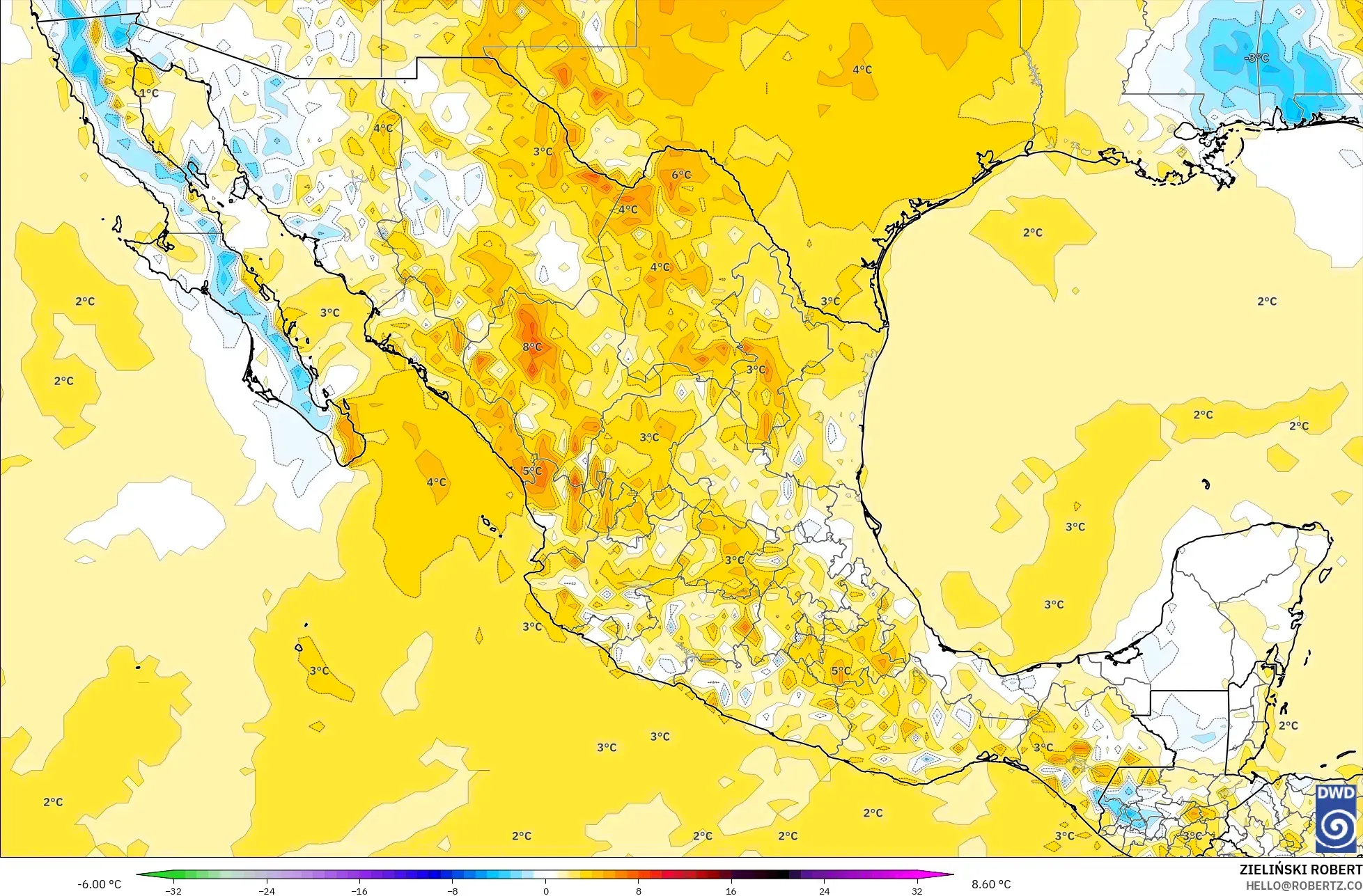 ICON modelo - México, Anomalía de temperatura a 2 m