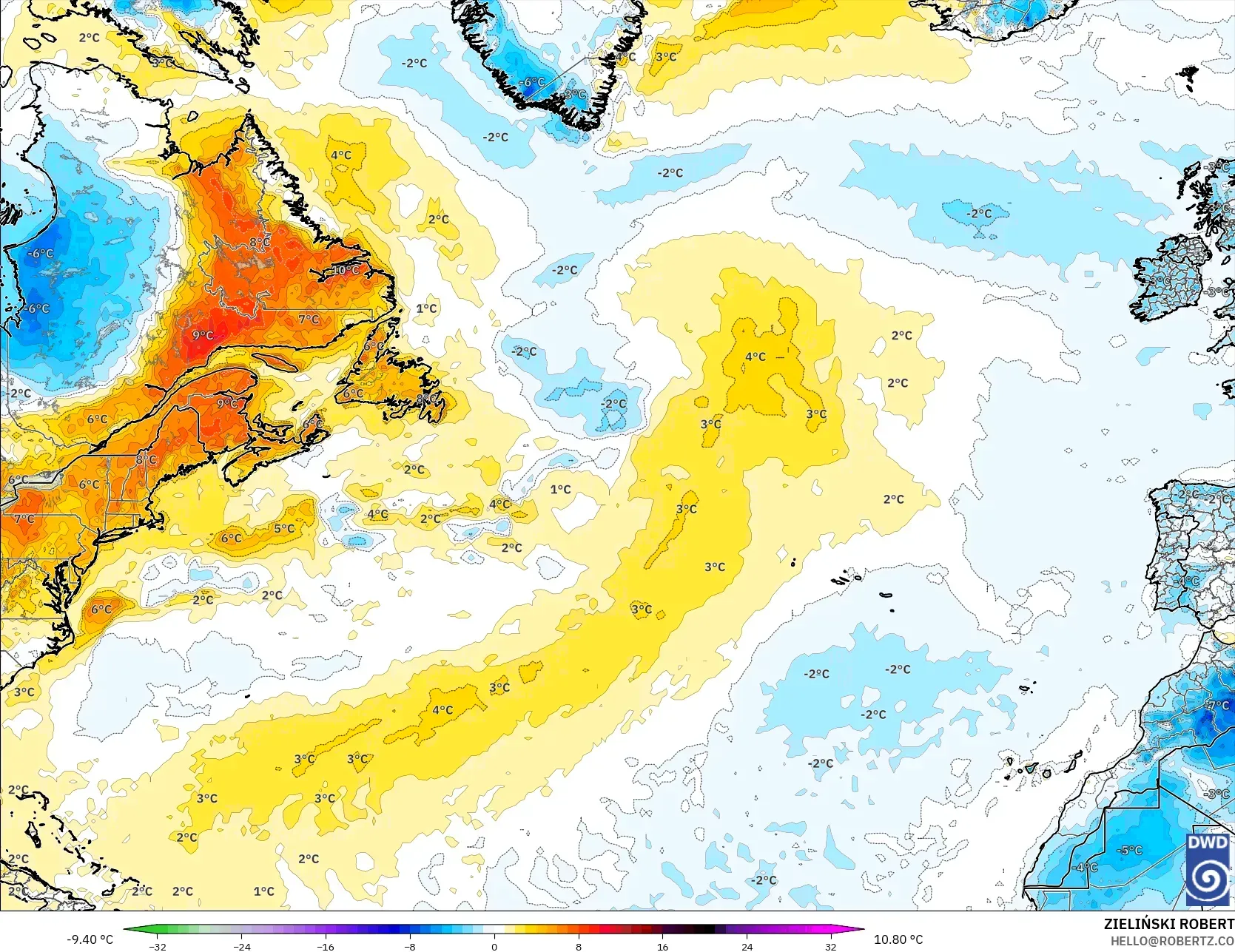 ICON modelo - Norte Atlántico, Anomalía de temperatura a 2 m