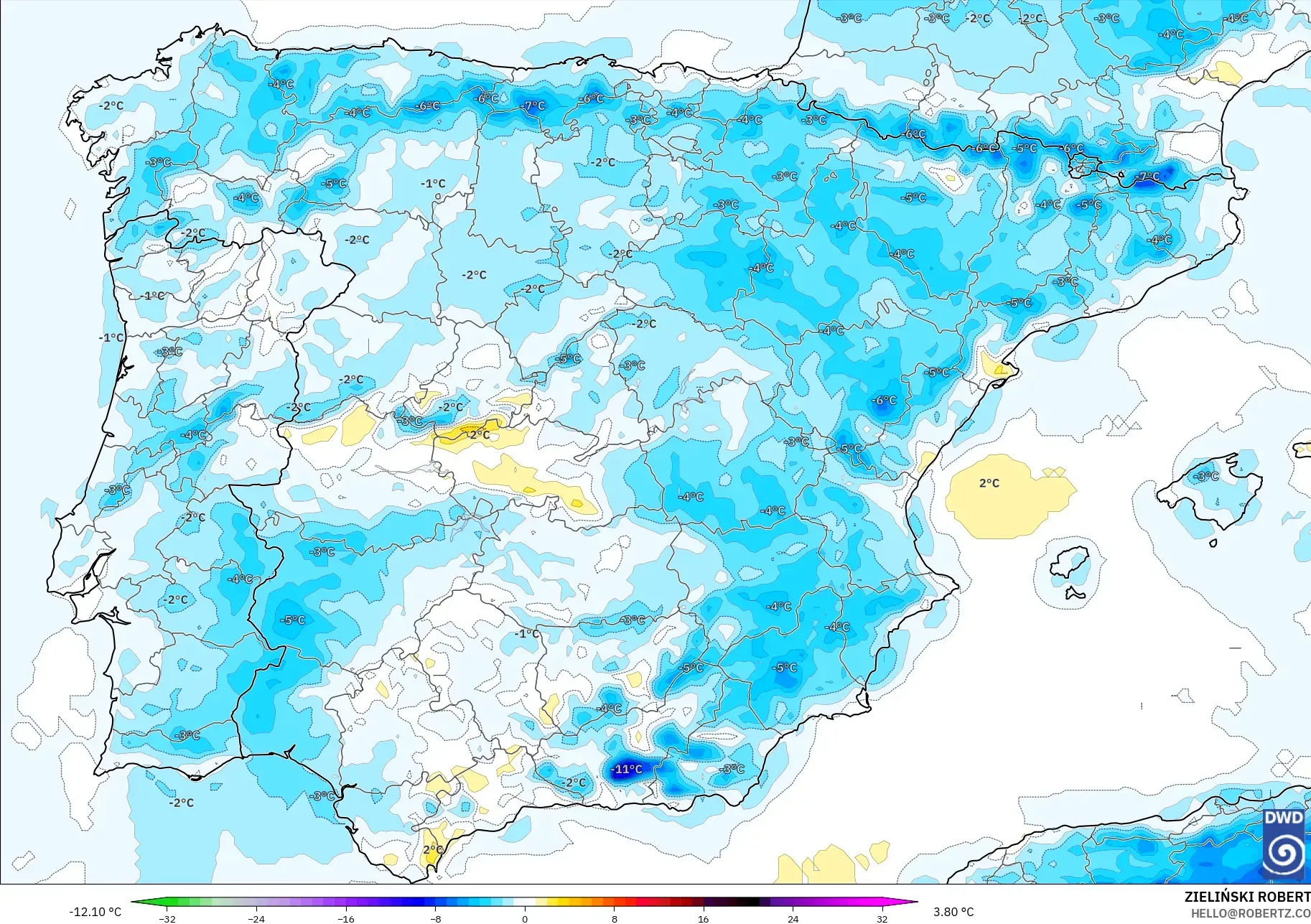 ICON modelo - España, Anomalía de temperatura a 2 m