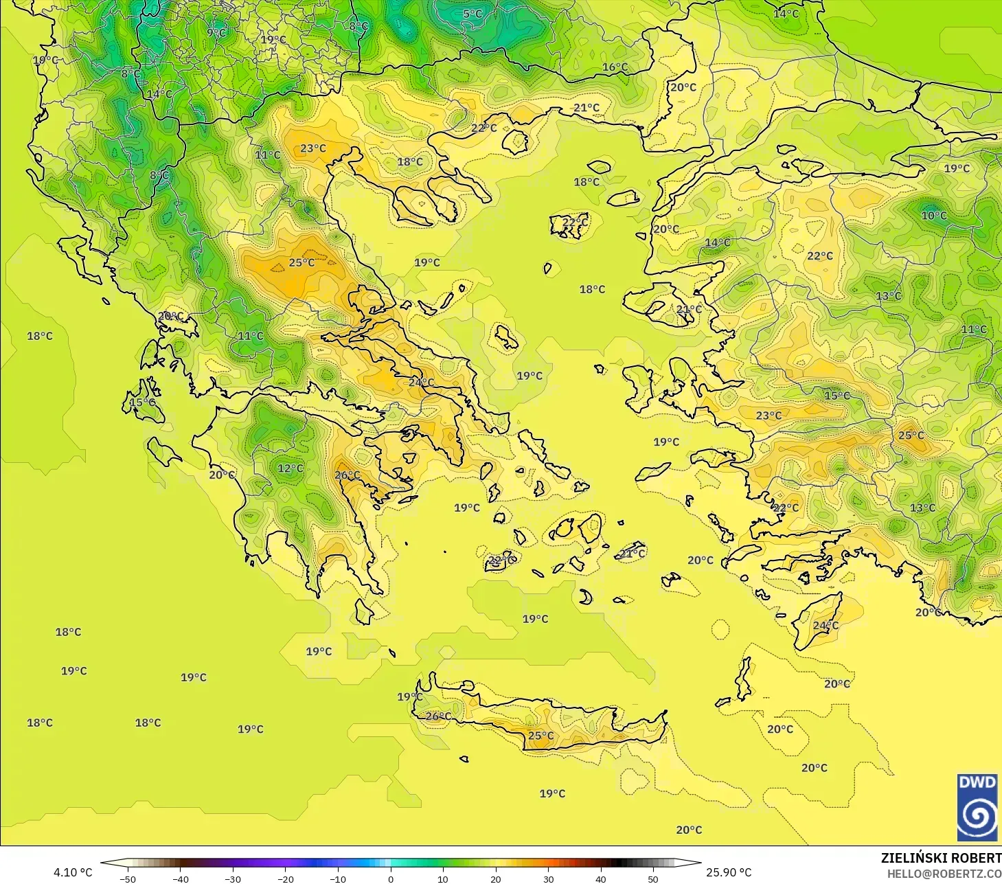 ICON modelo - Grecia, Temperatura a 2 m