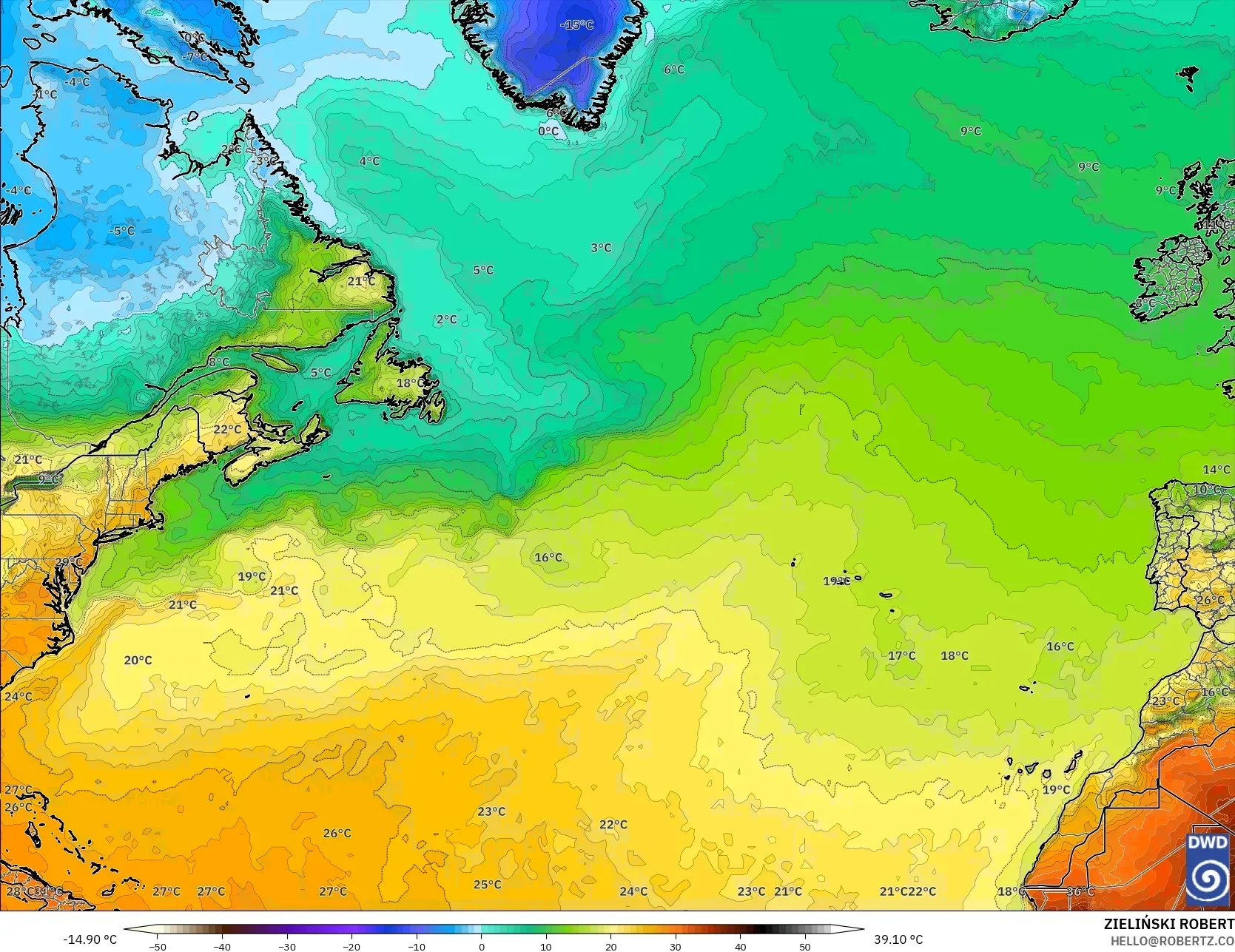 ICON modelo - Norte Atlántico, Temperatura a 2 m