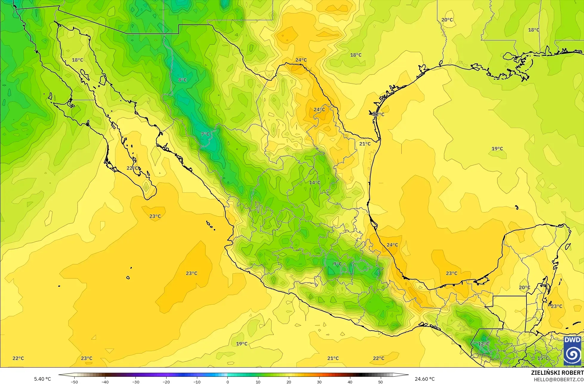 ICON modelo - México, Temperatura a 850 hPa