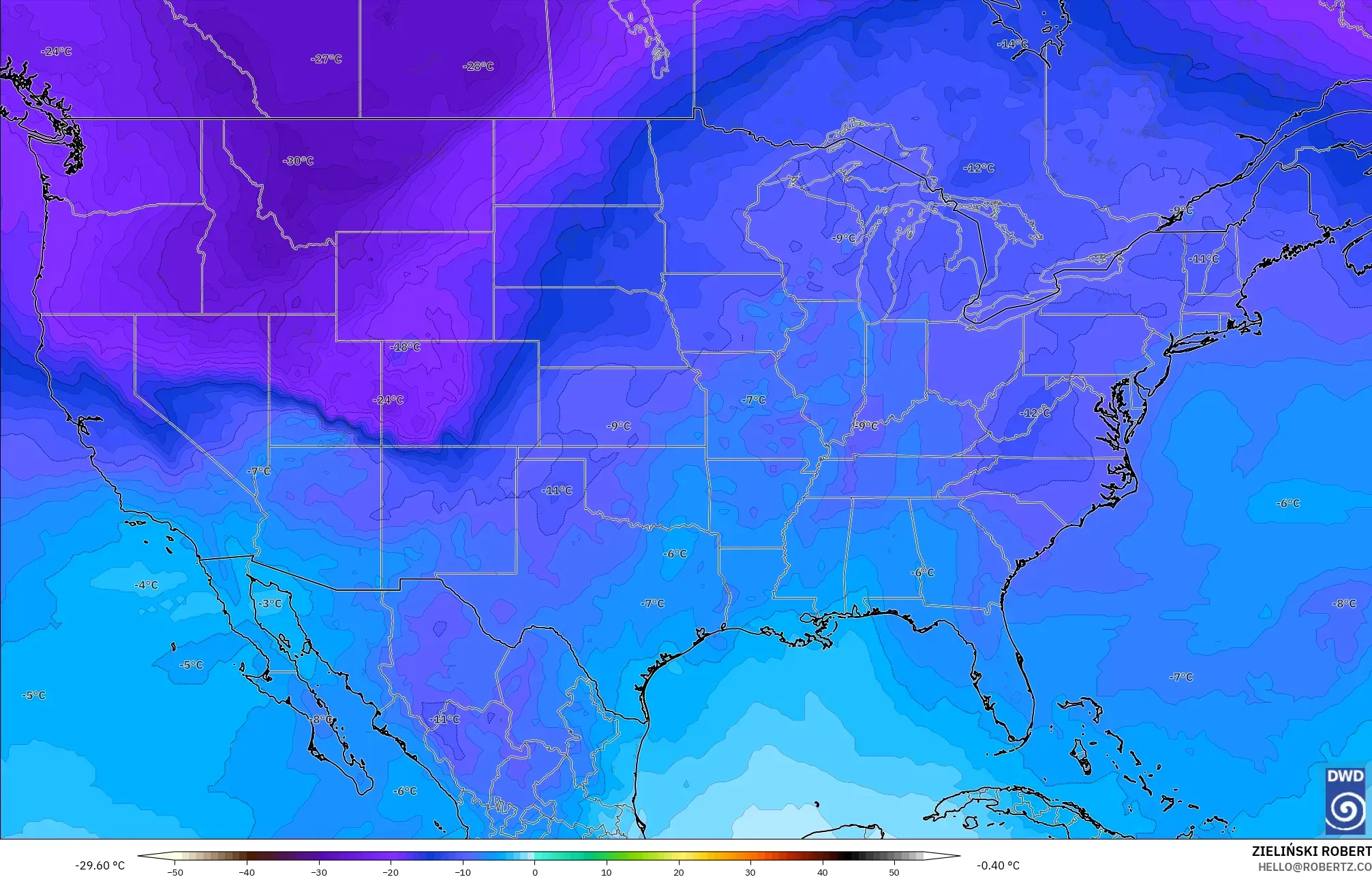 ICON modelo - Estados Unidos, Temperatura a 500 hPa