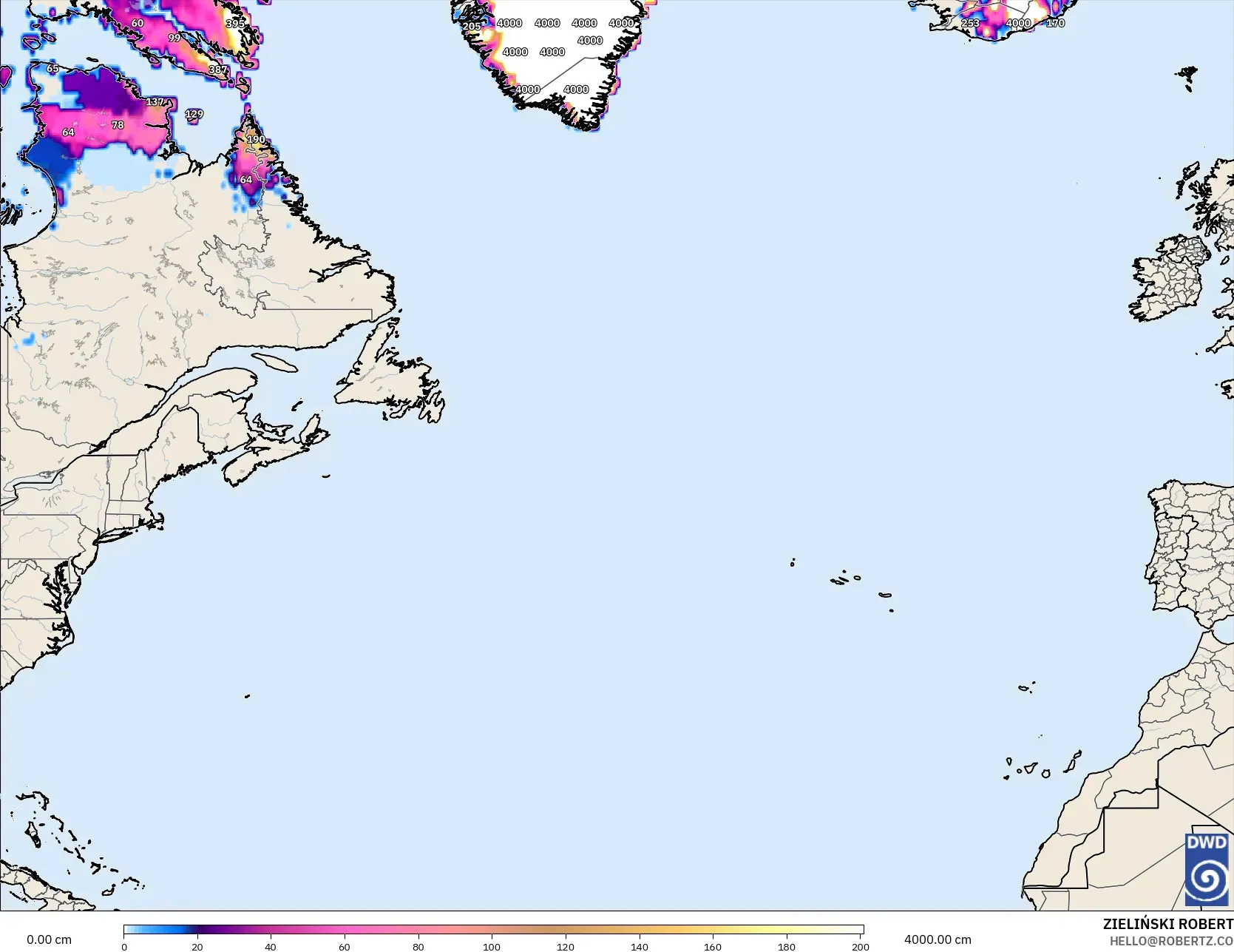 ICON modelo - Norte Atlántico, Profundidad de nieve