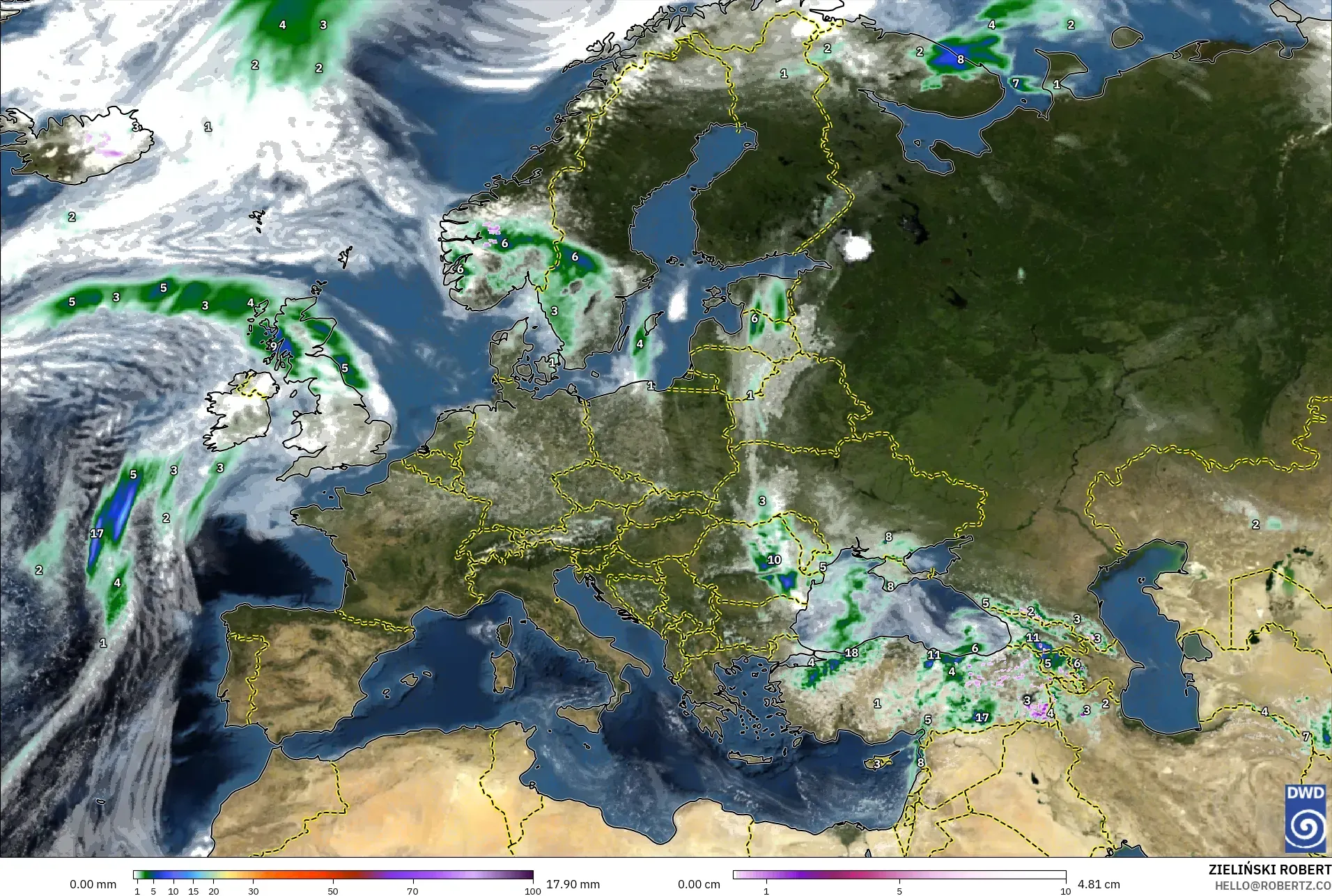 ICON modelo - Europa, Precipitación, nubes y presión