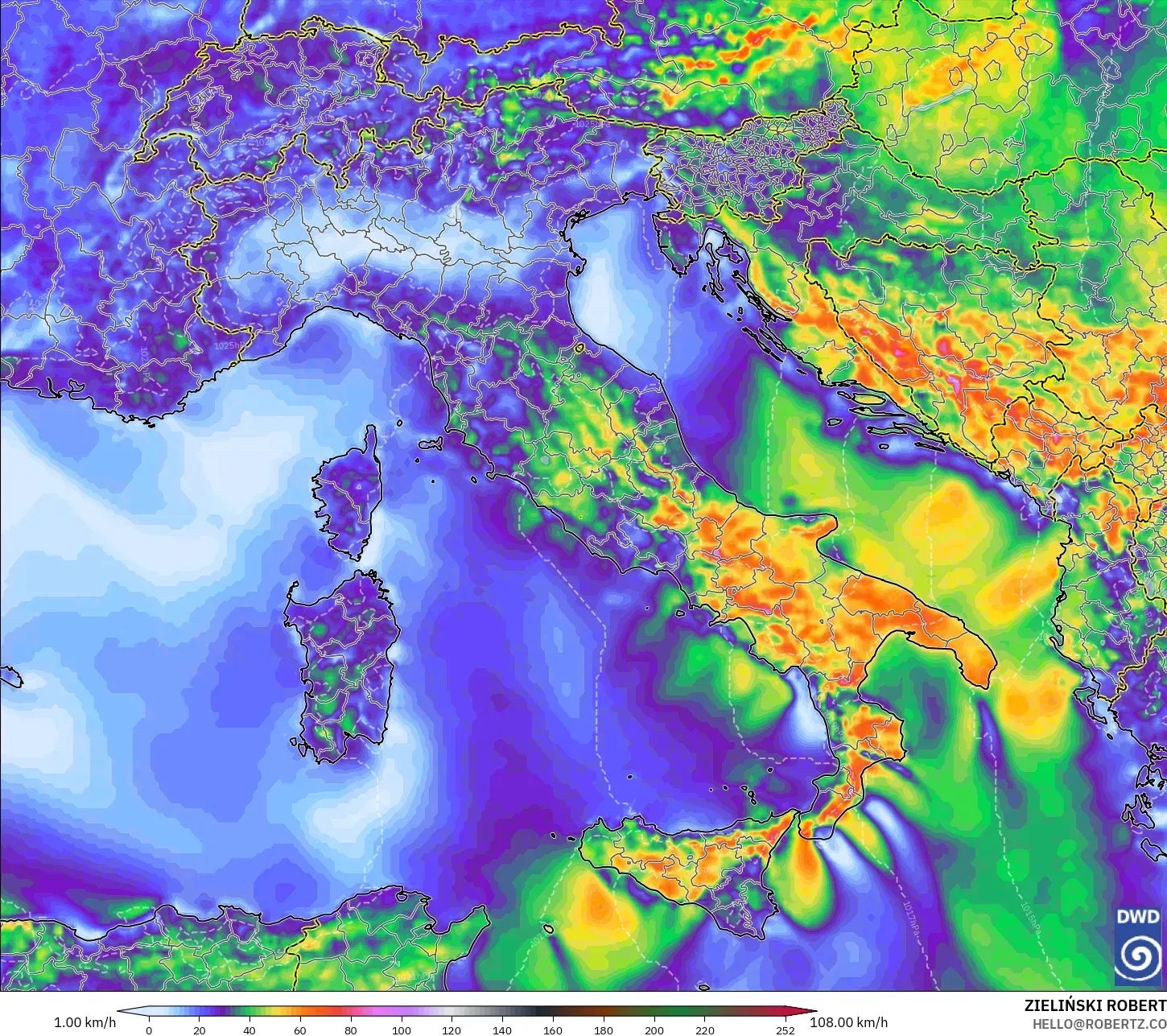 ICON modelo - Italia, Ráfagas de Viento Máximas