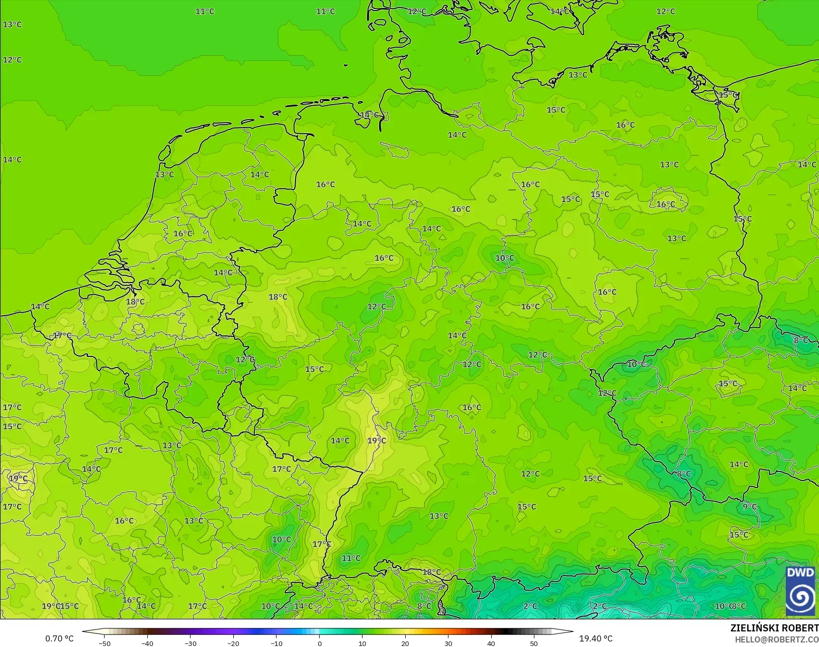 ICON modelo - Alemania, Temperatura a 2 m