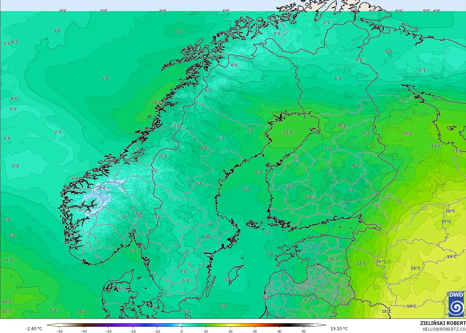ICON modelo - Escandinavia, Temperatura a 850 hPa