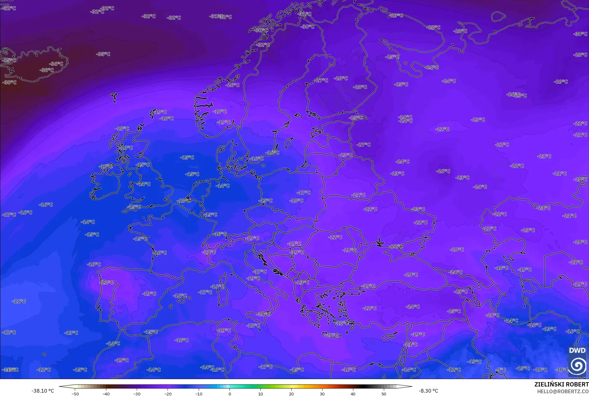 ICON modelo - Europa, Temperatura a 500 hPa