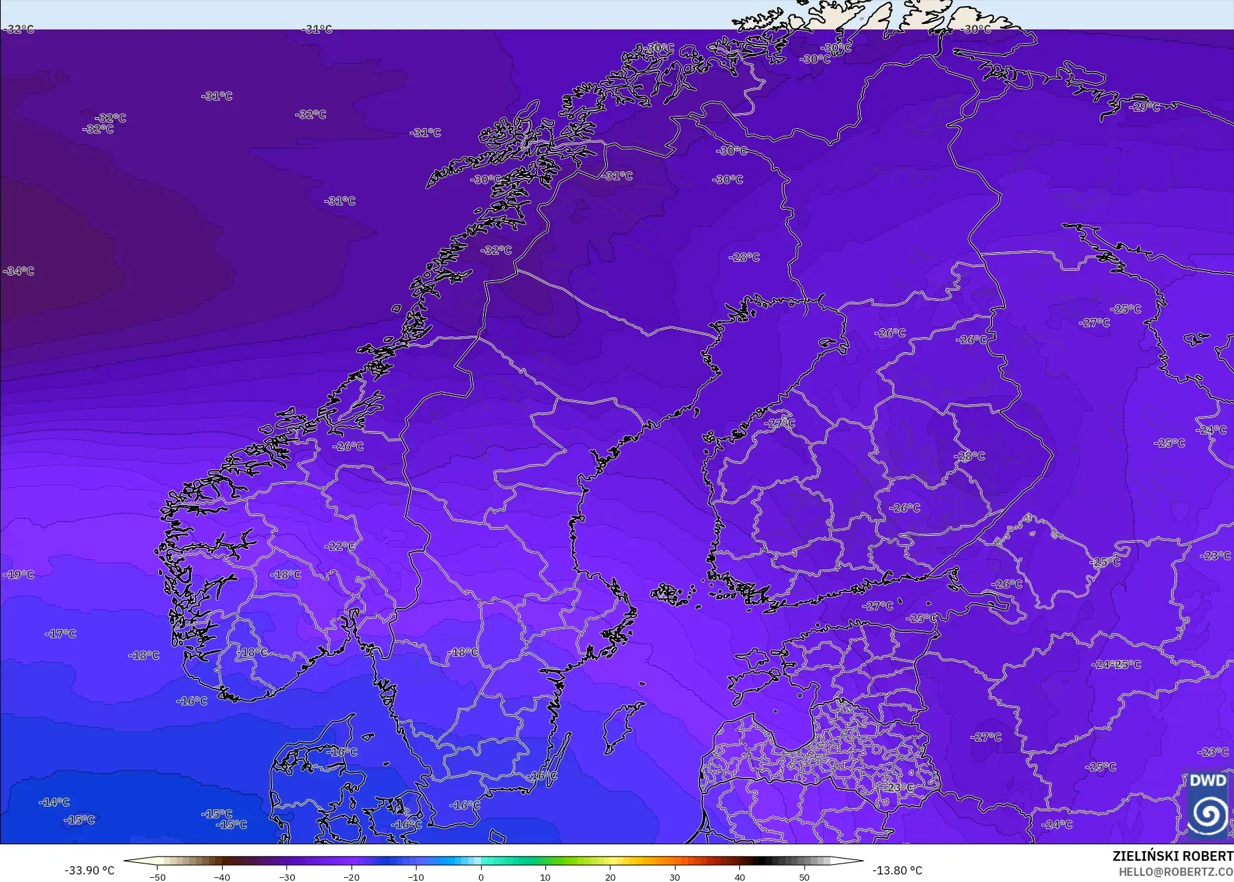 ICON modelo - Escandinavia, Temperatura a 500 hPa