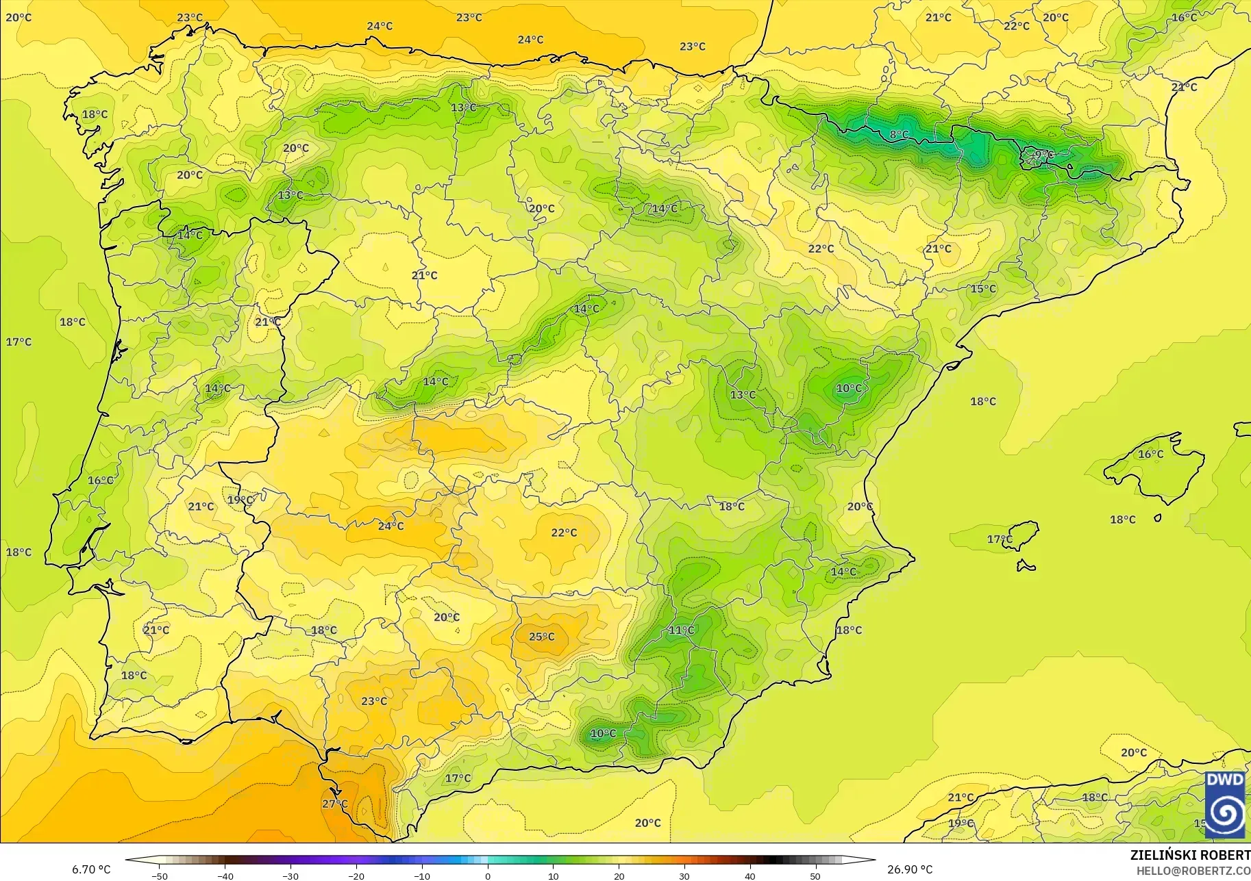 ICON modelo - España, Temperatura a 850 hPa