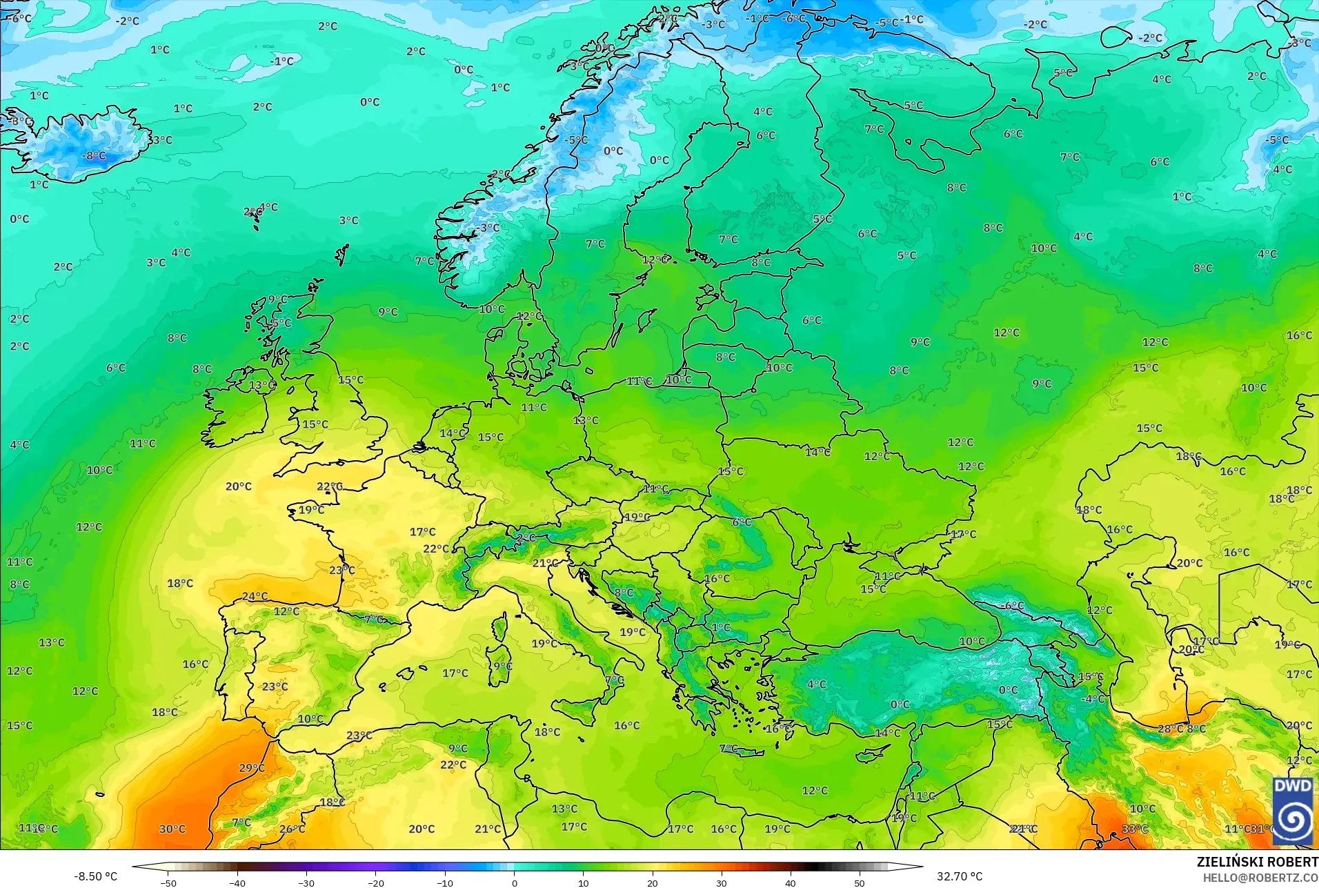 ICON modelo - Europa, Temperatura a 850 hPa
