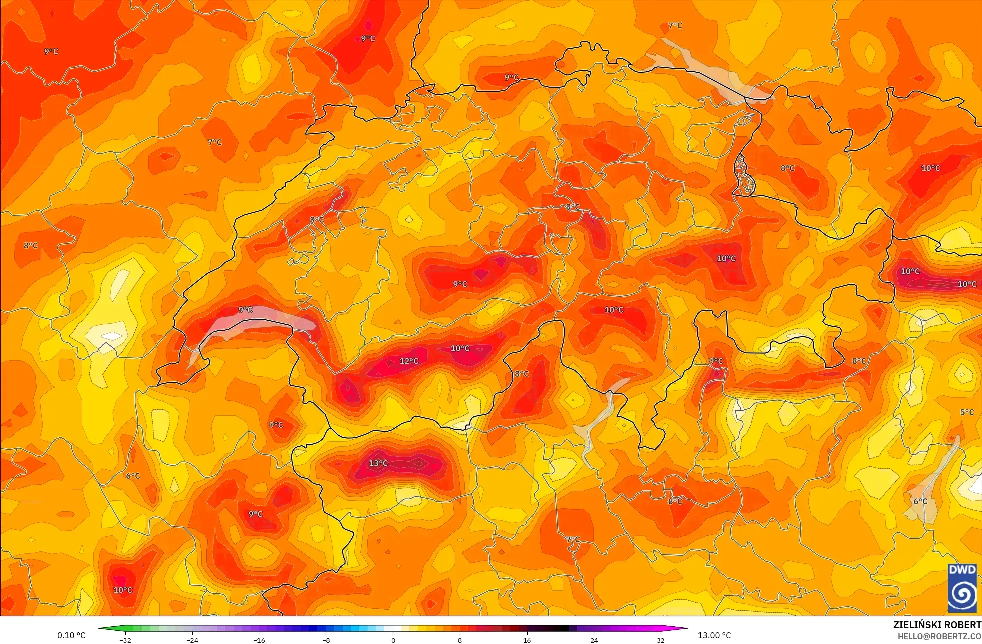 ICON modelo - Suiza, Anomalía de temperatura a 2 m