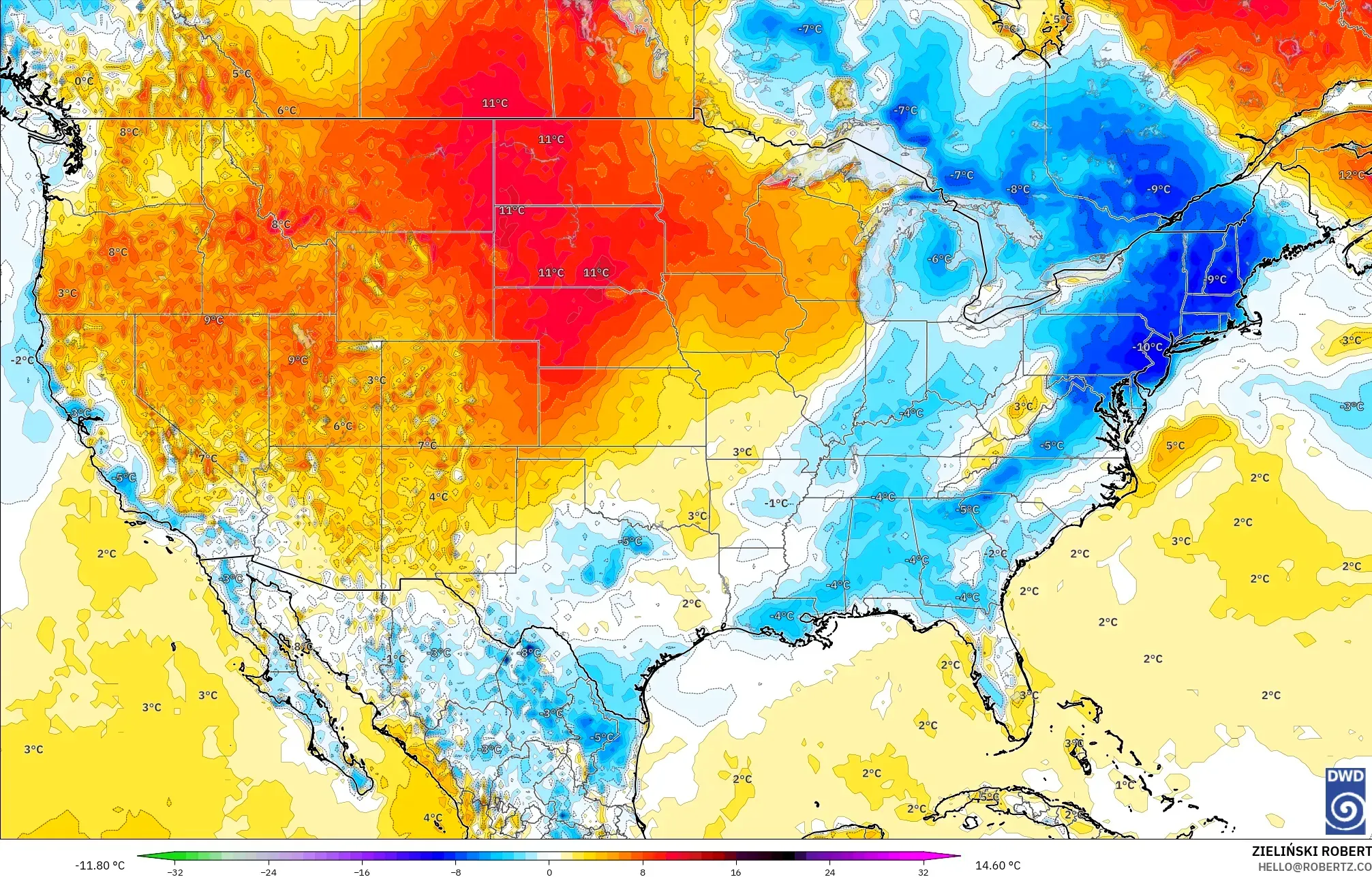 ICON modelo - Estados Unidos, Anomalía de temperatura a 2 m