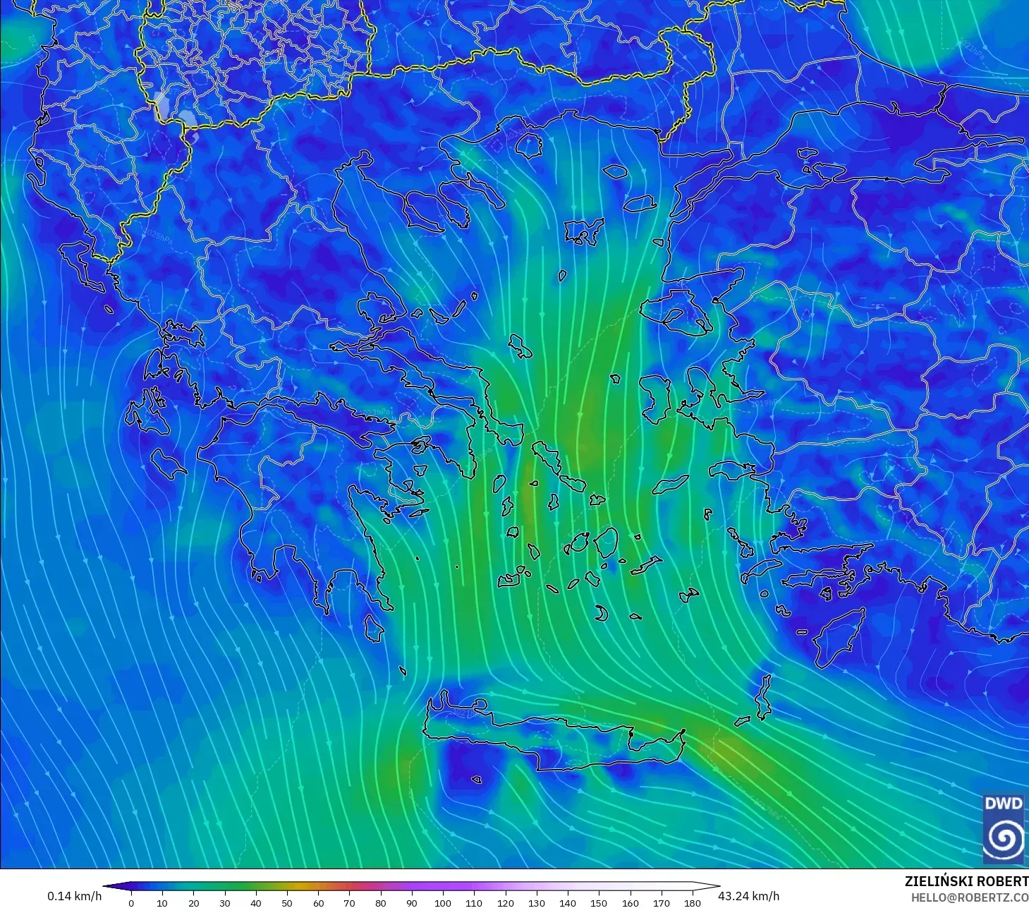 ICON modelo - Grecia, Viento a 10 m