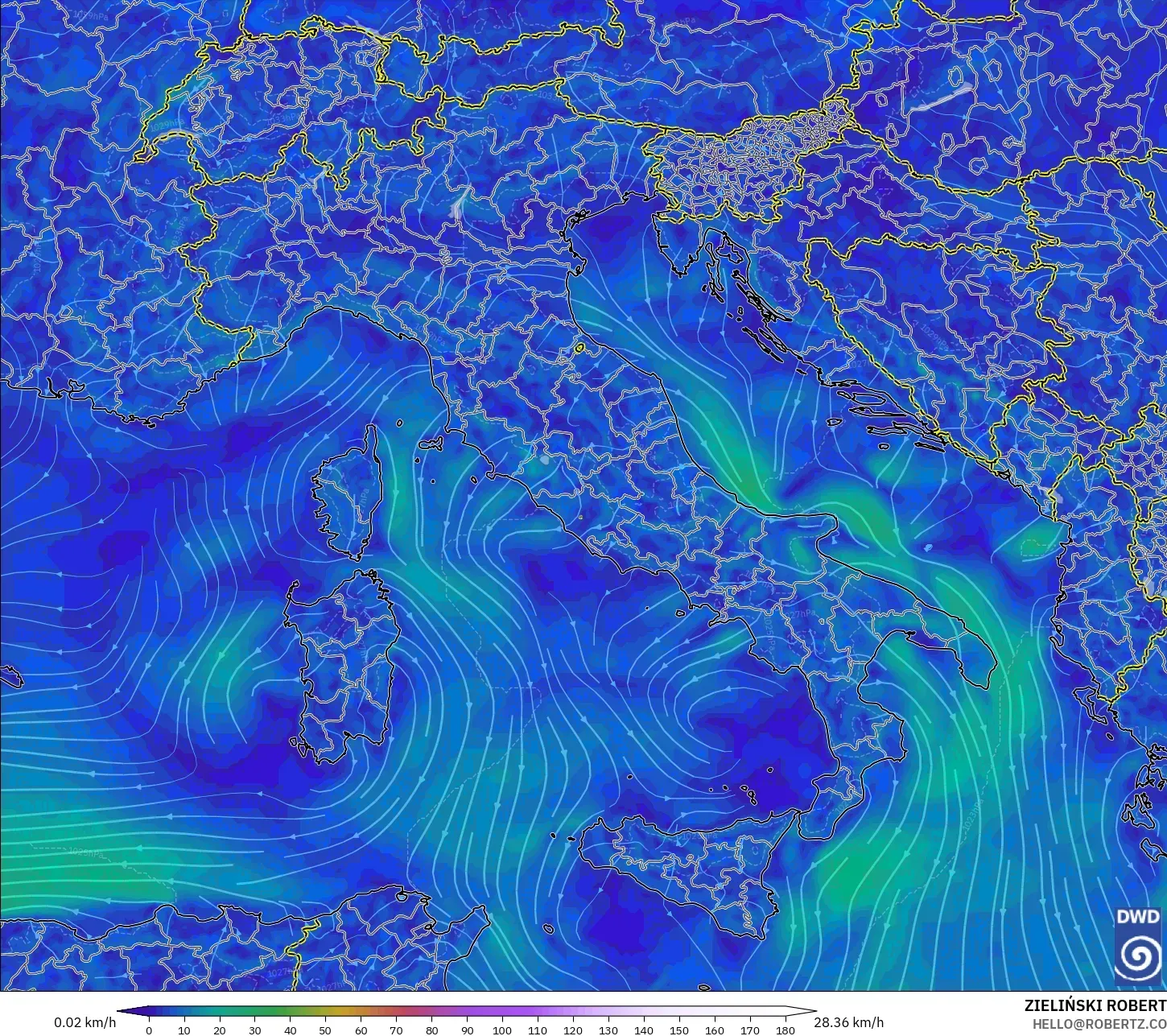 ICON modelo - Italia, Viento a 10 m