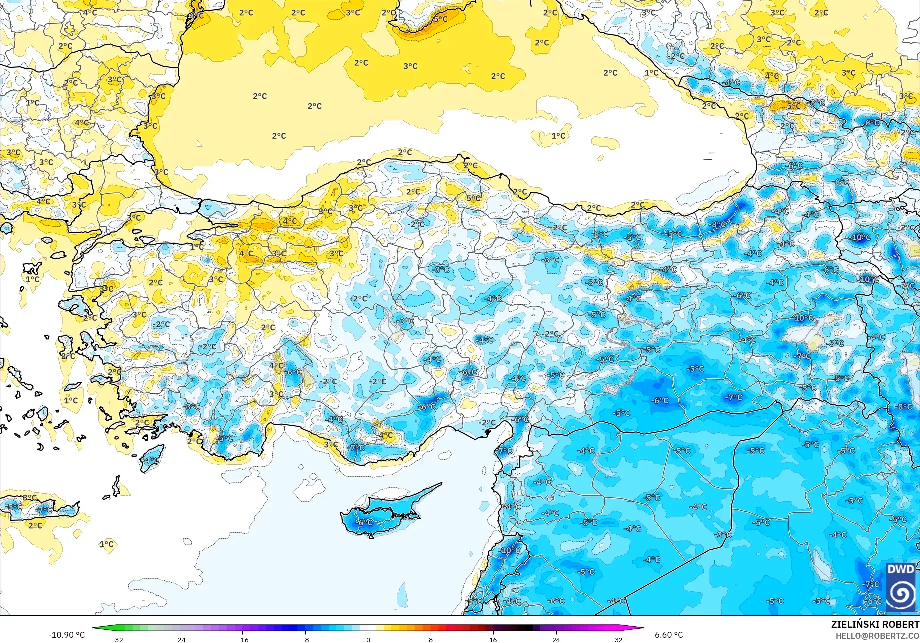 ICON modelo - Turquía, Anomalía de temperatura a 2 m